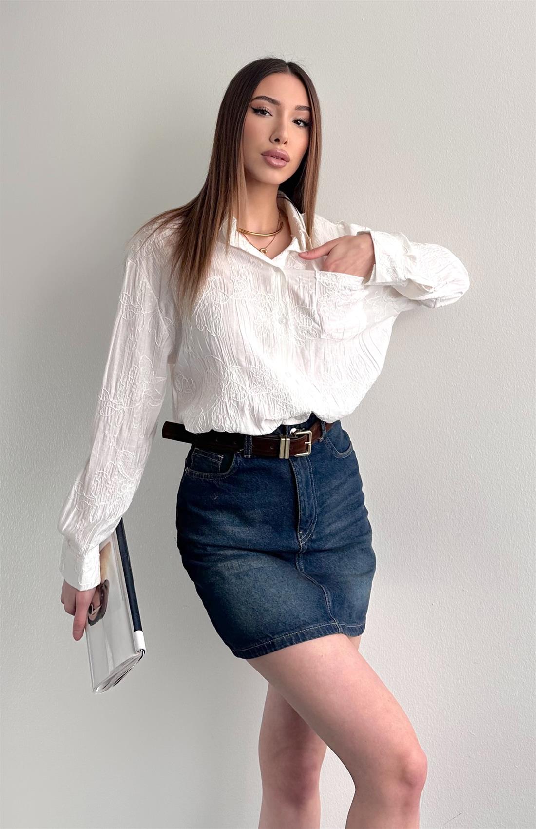 Etek Ucu Bağlamalı Jakarlı Gömlek EKRU