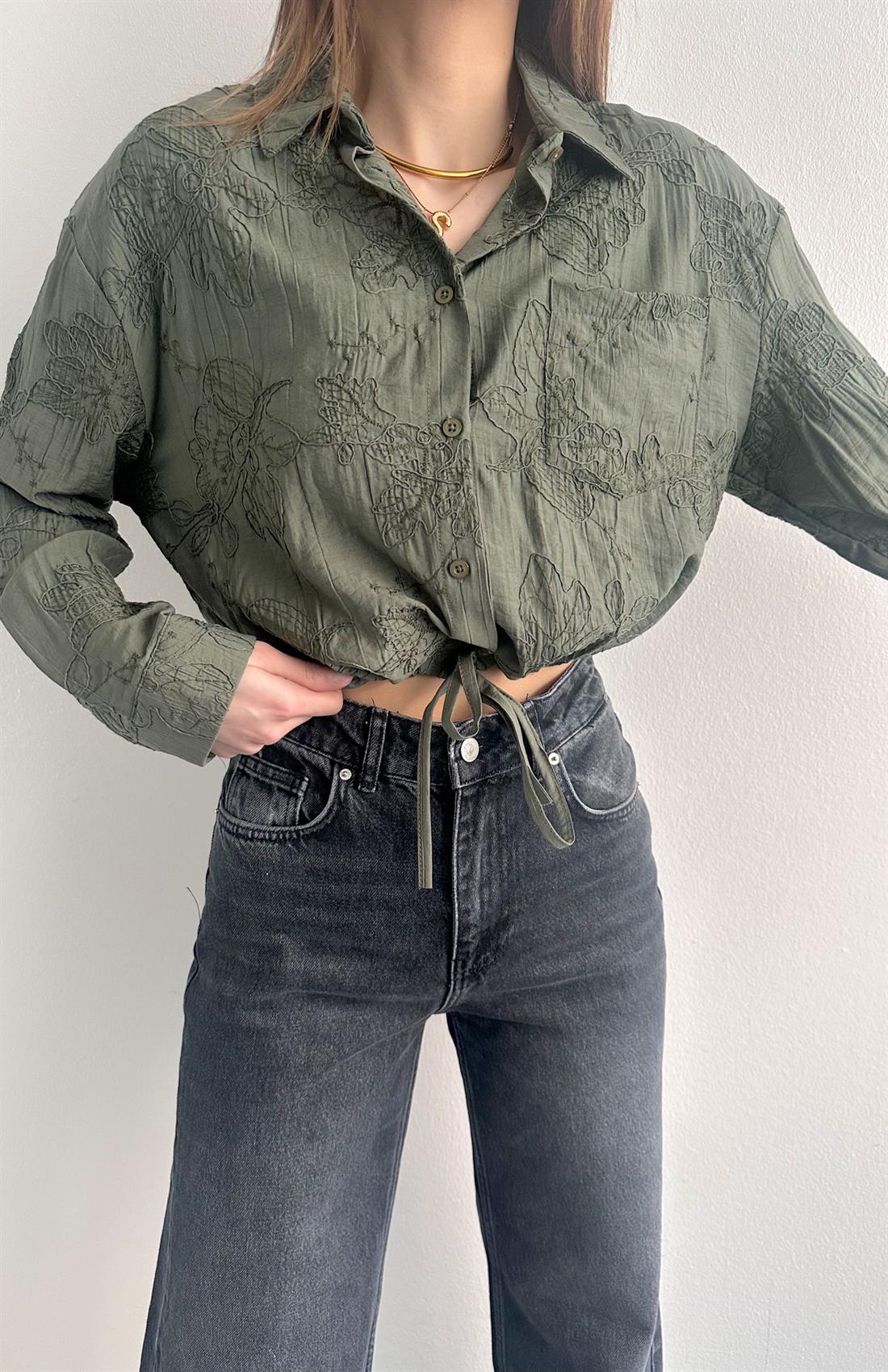 Etek Ucu Bağlamalı Jakarlı Gömlek HAKİ