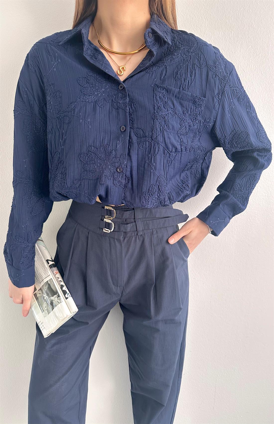 Etek Ucu Bağlamalı Jakarlı Gömlek LACİVERT