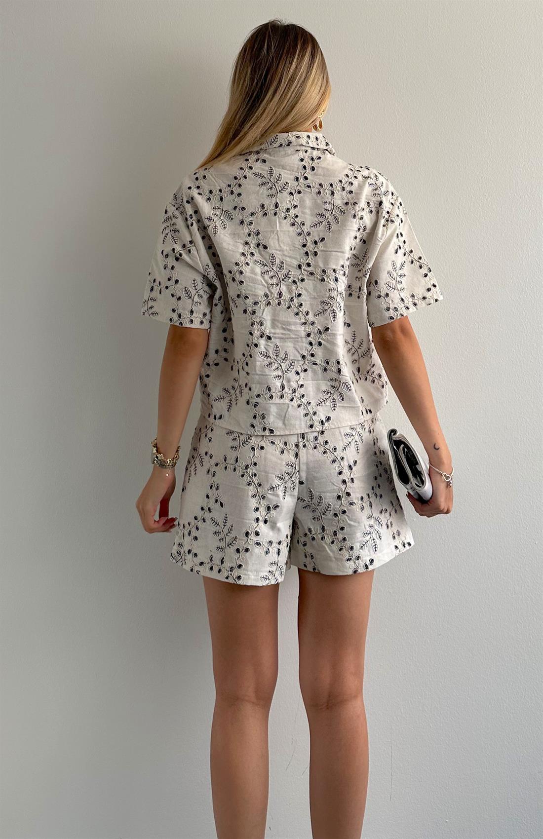 Kendinden Nakişli Gömlek BEJ