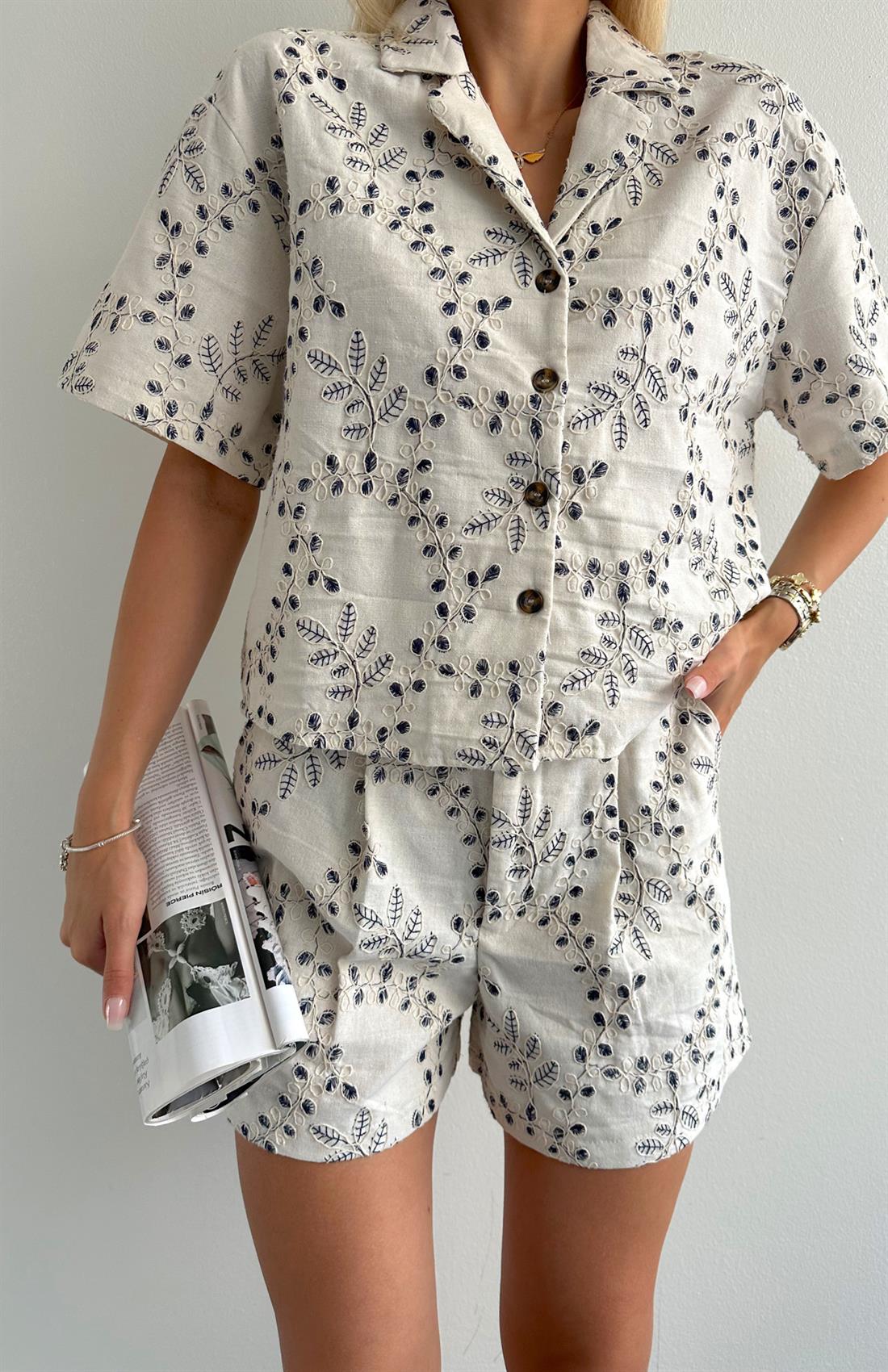 Kendinden Nakişli Gömlek BEJ