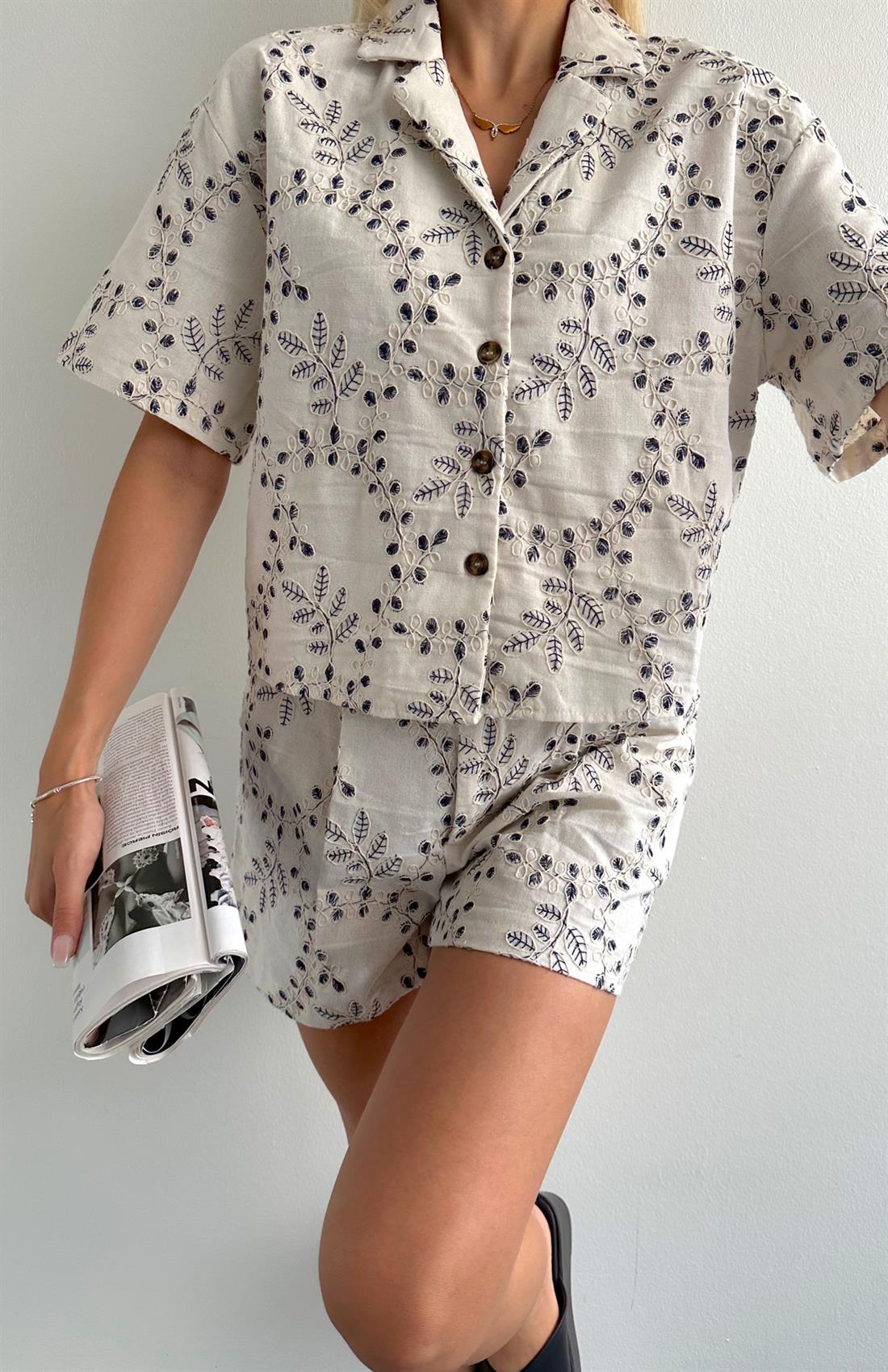 Kendinden Nakişli Gömlek BEJ