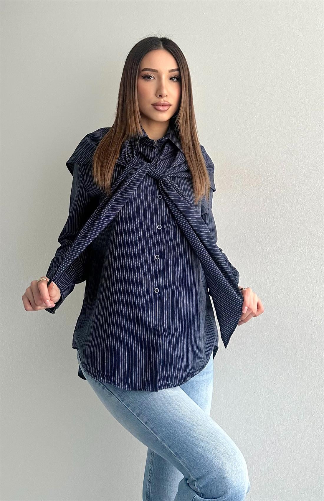 Mendilli Çizgili Gömlek LACİVERT