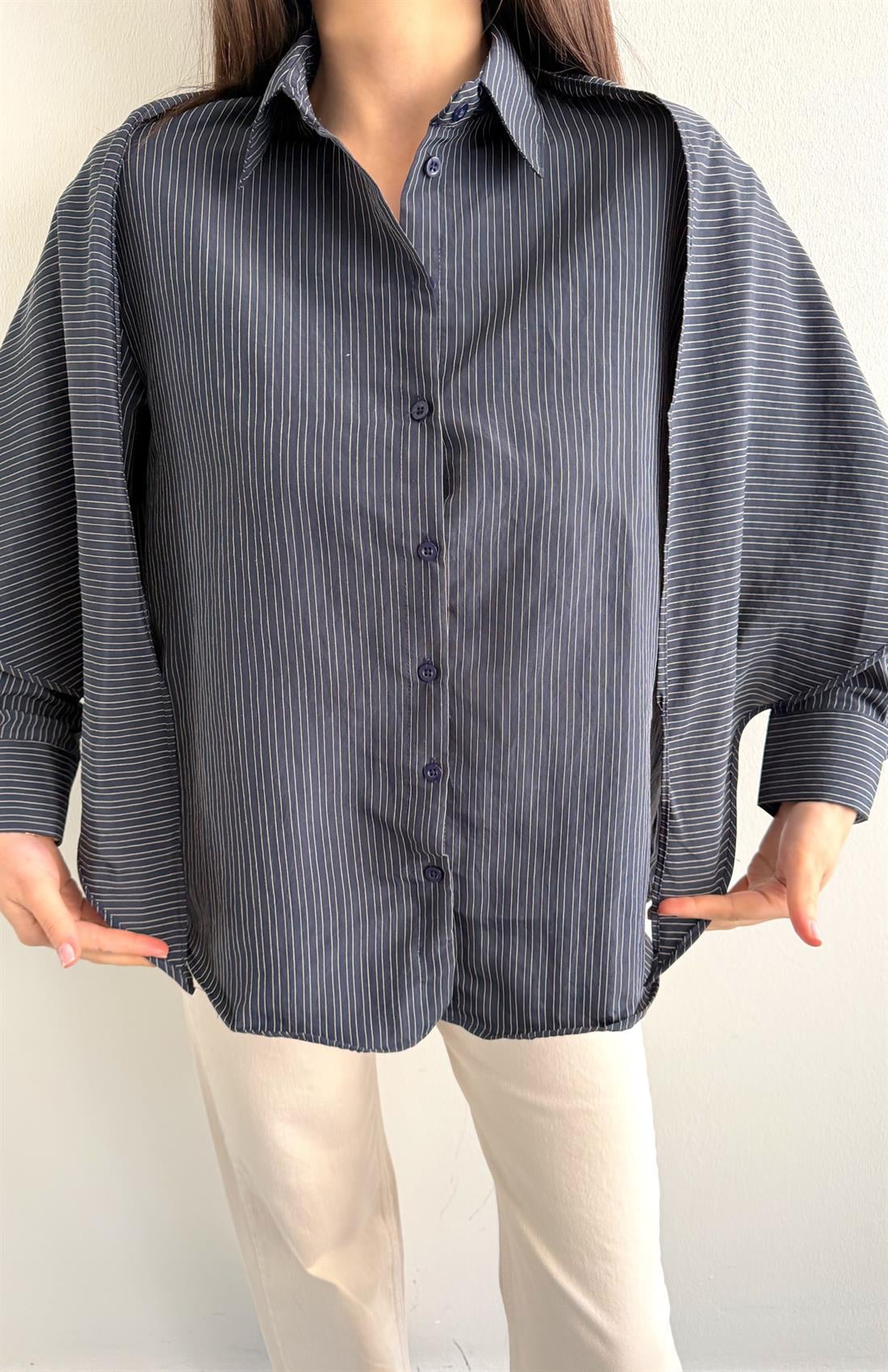 Mendilli Çizgili Gömlek SİYAH