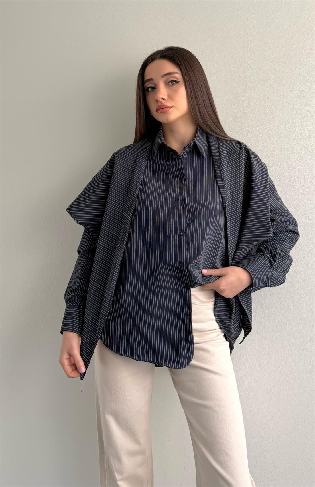 Mendilli Çizgili Gömlek SİYAH