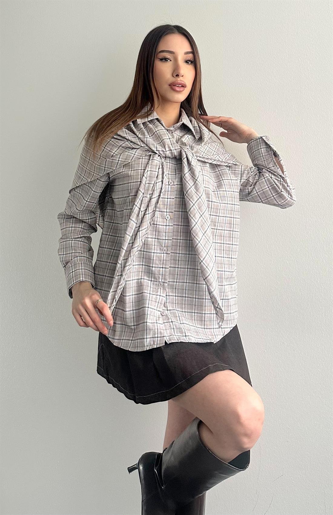 Mendilli Ekose Gömlek BEJ