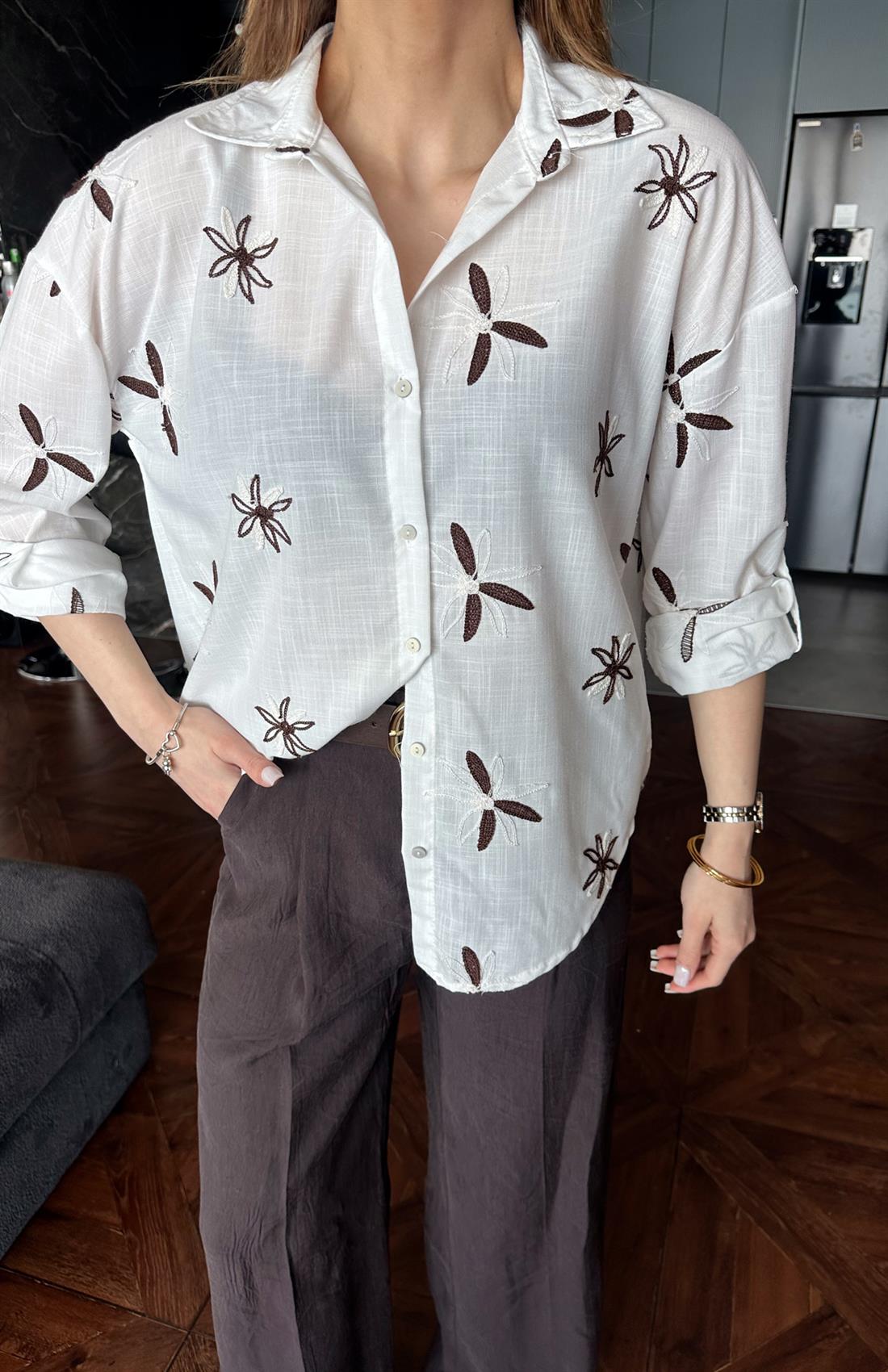 Nakiş Detaylı Gömlek EKRU