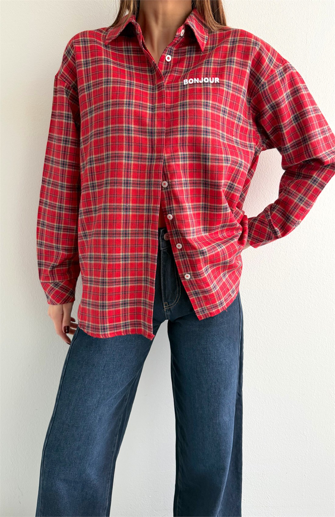 Nakışlı Ekose Gömlek KIRMIZI