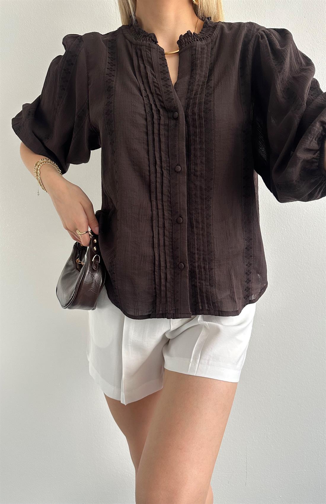 Nevür Detaylı Balon Kol Gömlek KOYU KAHVE