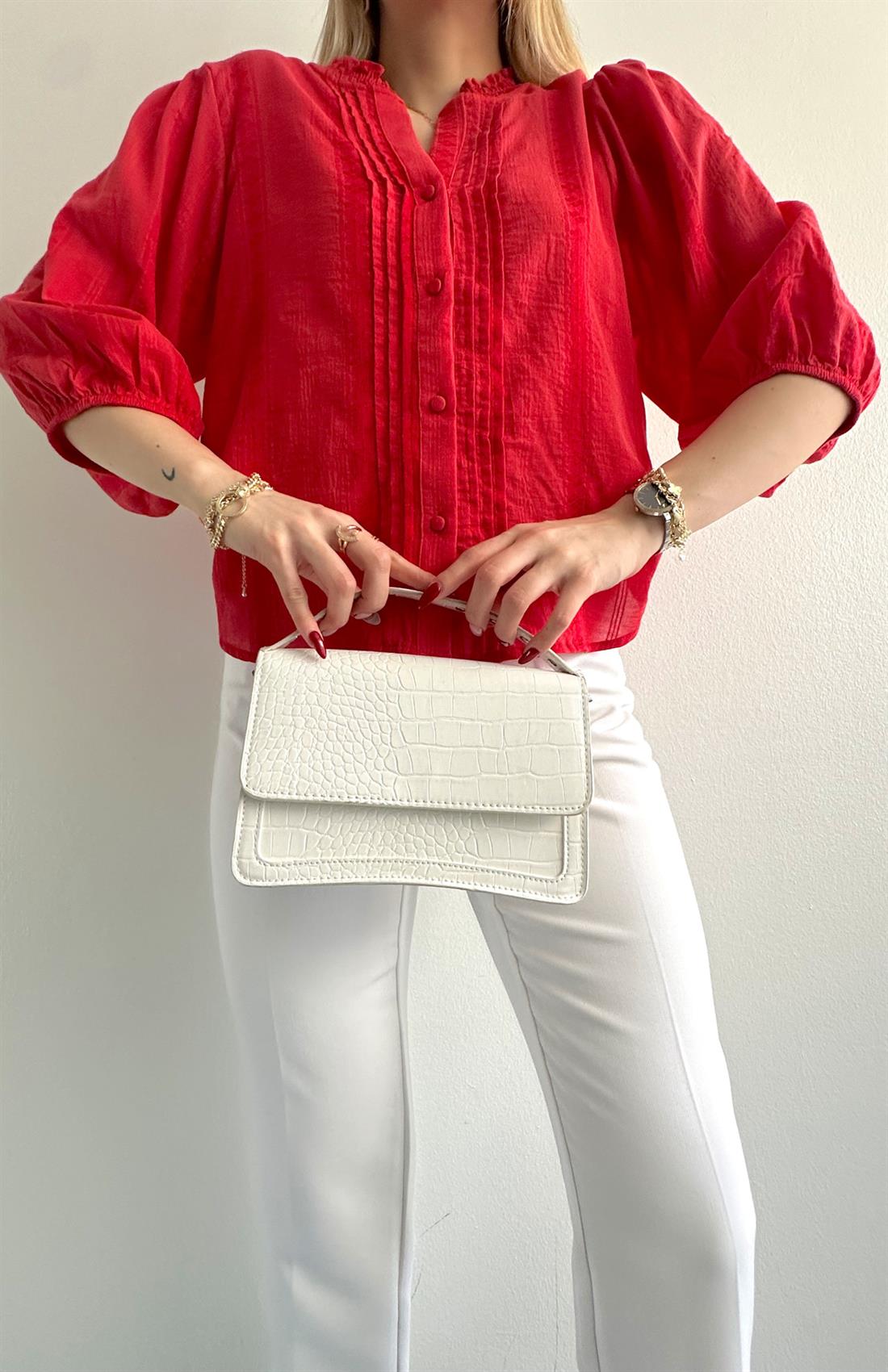 Nevür Detaylı Balon Kol Gömlek KIRMIZI