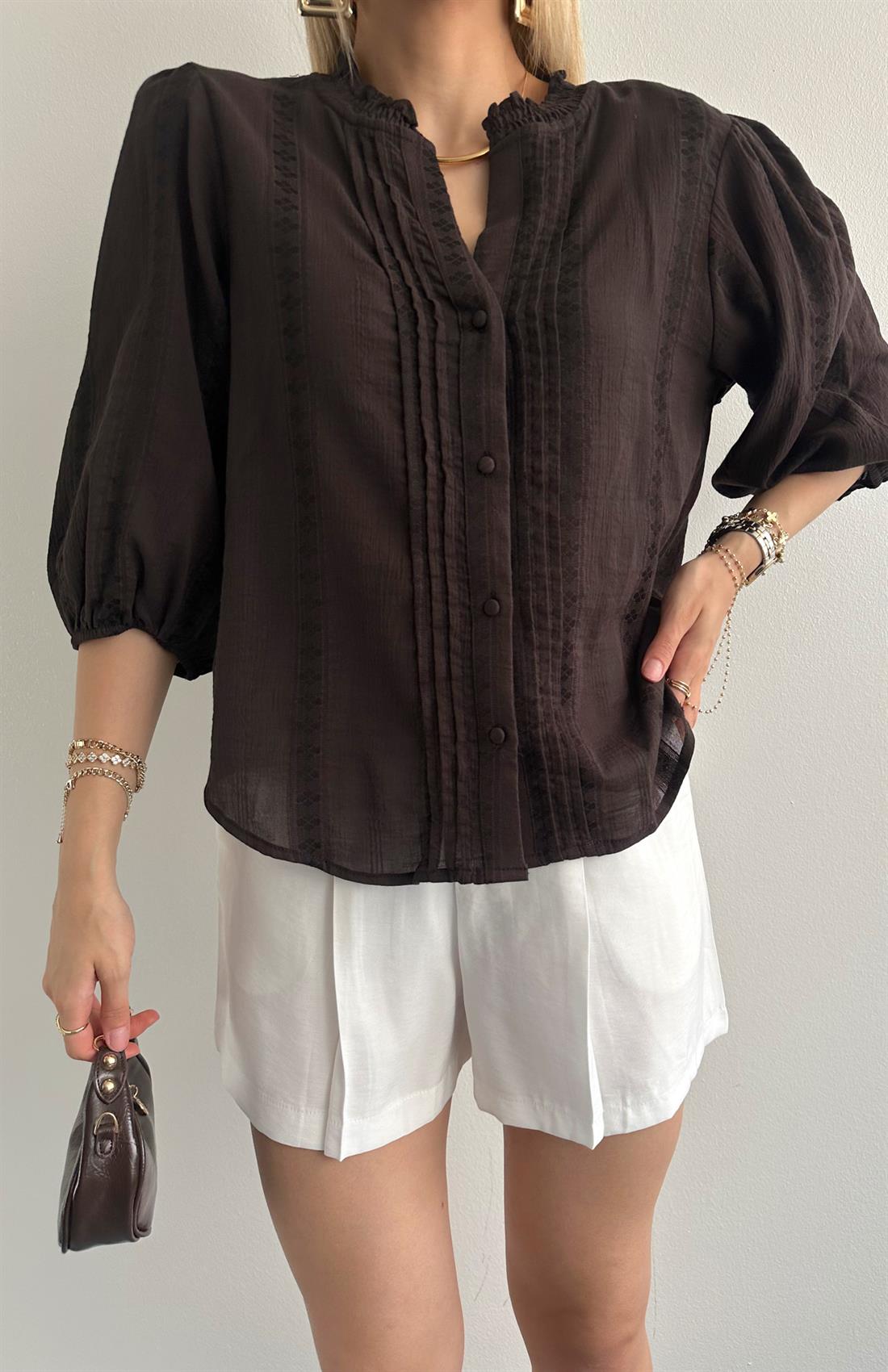 Nevür Detaylı Balon Kol Gömlek KOYU KAHVE