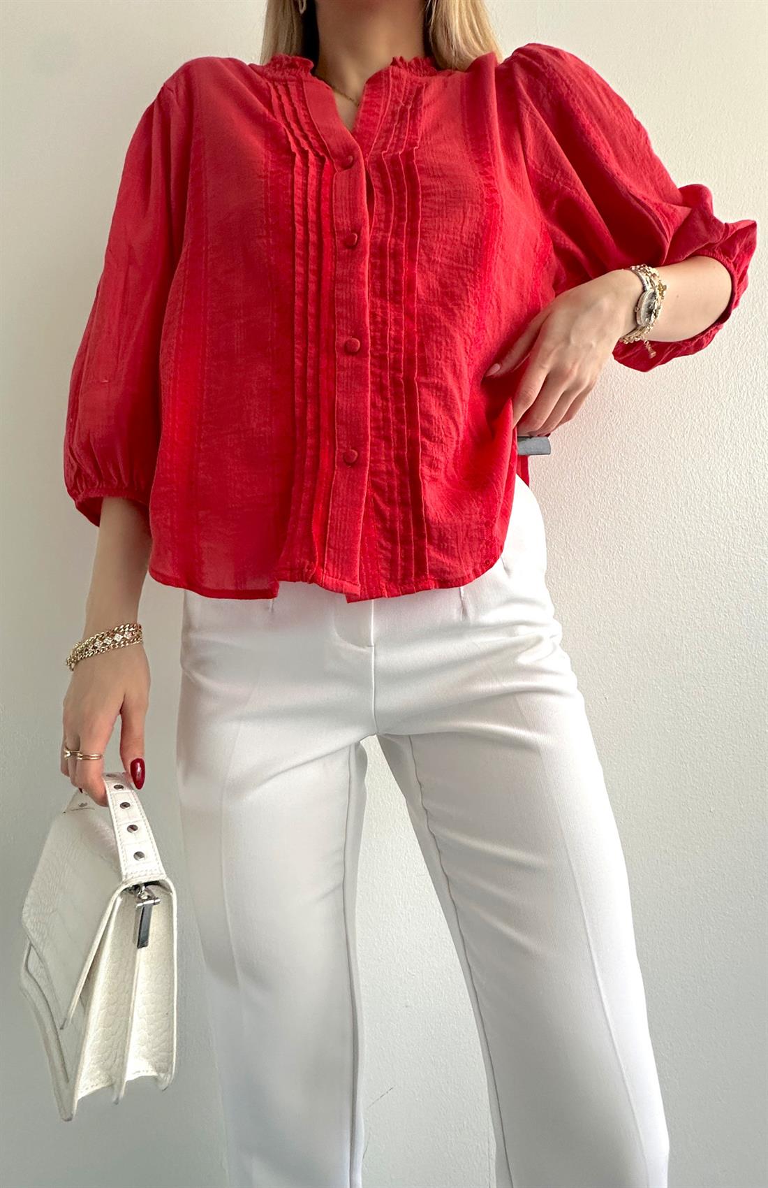 Nevür Detaylı Balon Kol Gömlek KIRMIZI