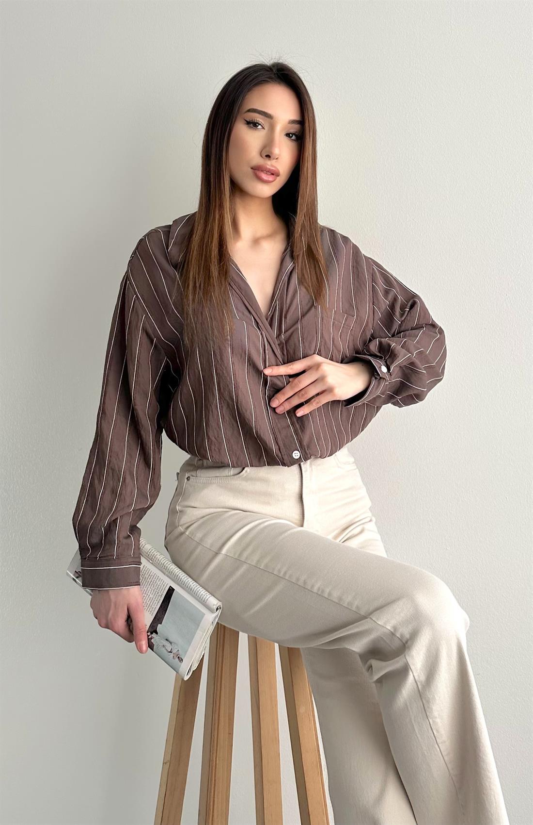 Oversize Çizgili Gömlek KAHVERENGİ