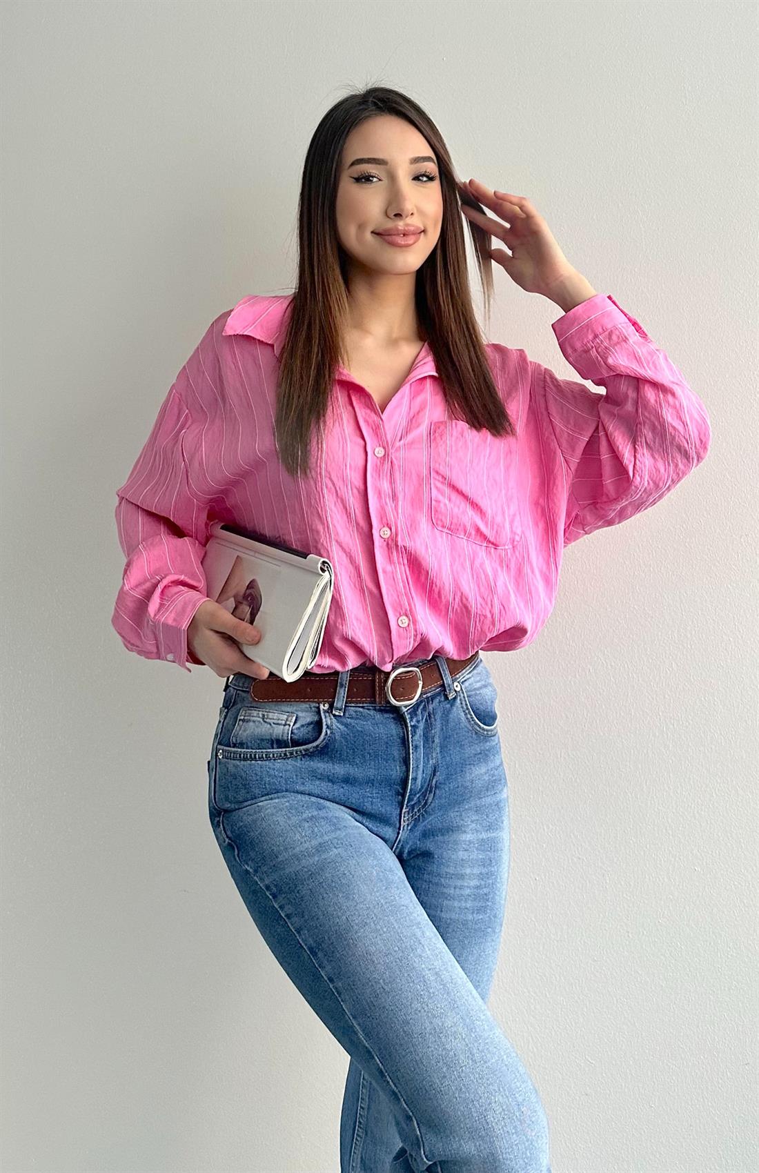 Oversize Çizgili Gömlek PEMBE