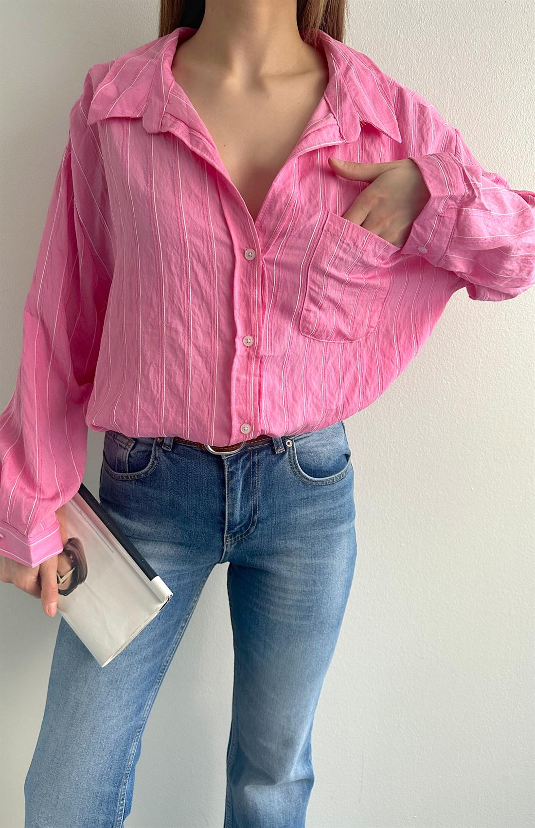 Oversize Çizgili Gömlek PEMBE