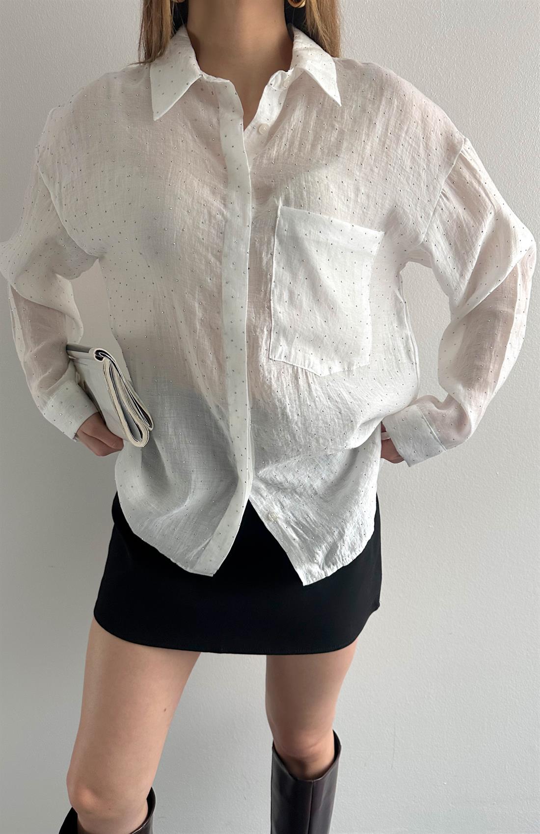 Taş Yapıştırmalı Gömlek BEYAZ