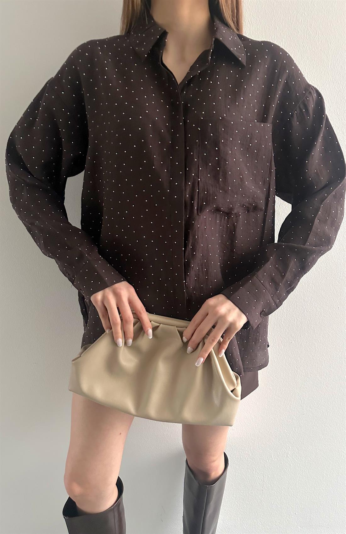 Taş Yapıştırmalı Gömlek KAHVERENGİ