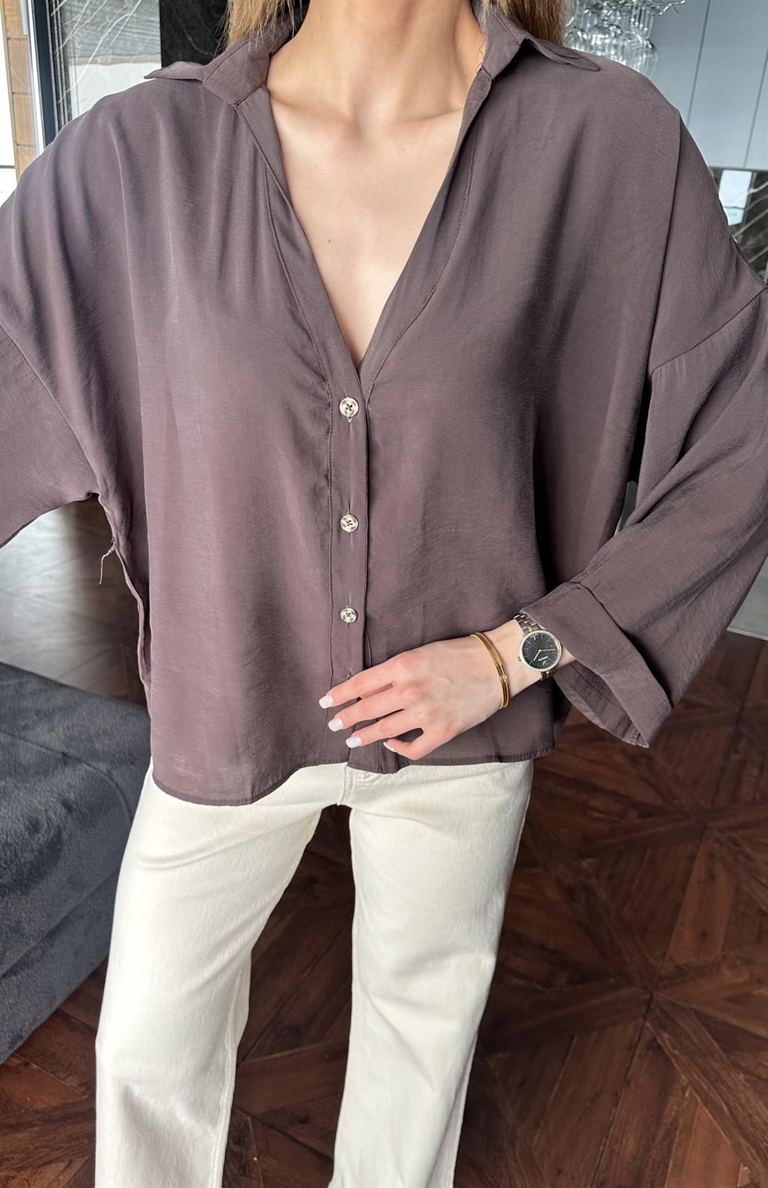 V Yaka Duble Kol Gömlek KAHVERENGİ