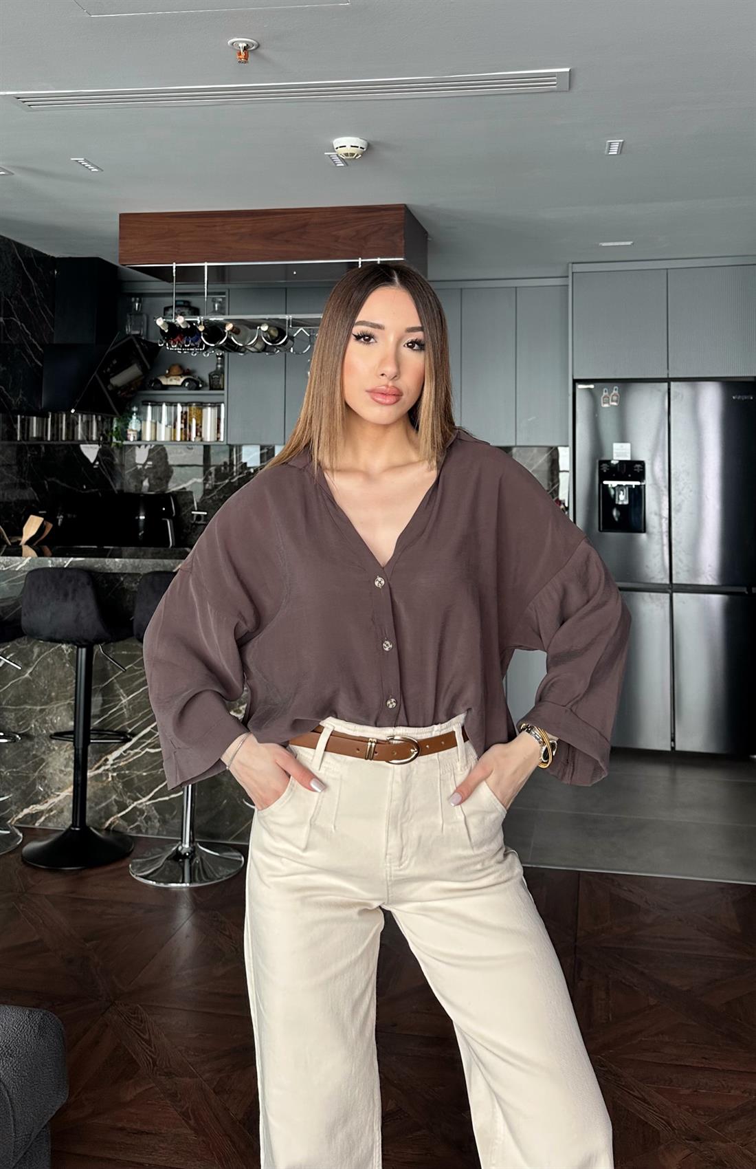 V Yaka Duble Kol Gömlek KAHVERENGİ