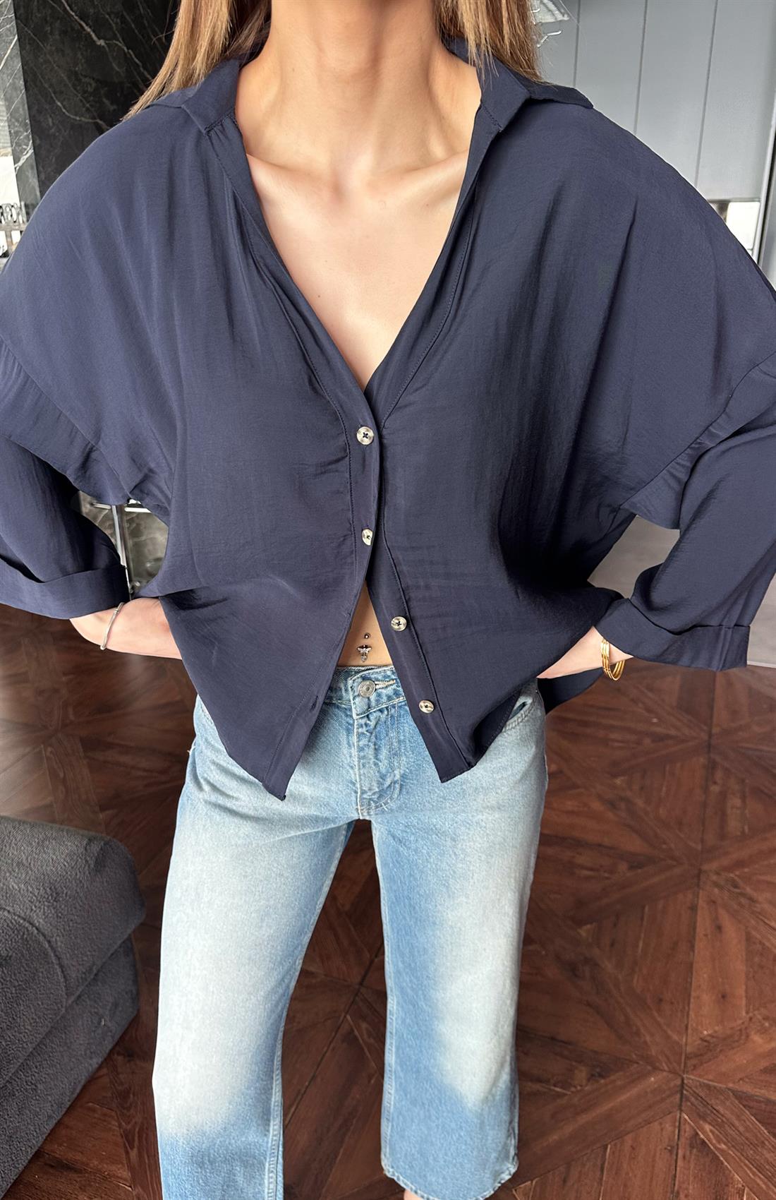 V Yaka Duble Kol Gömlek LACİVERT