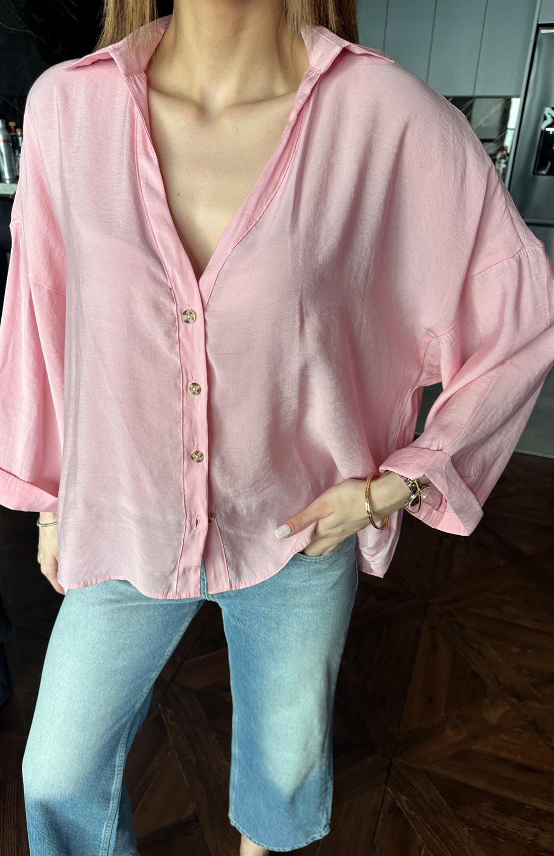 V Yaka Duble Kol Gömlek PEMBE