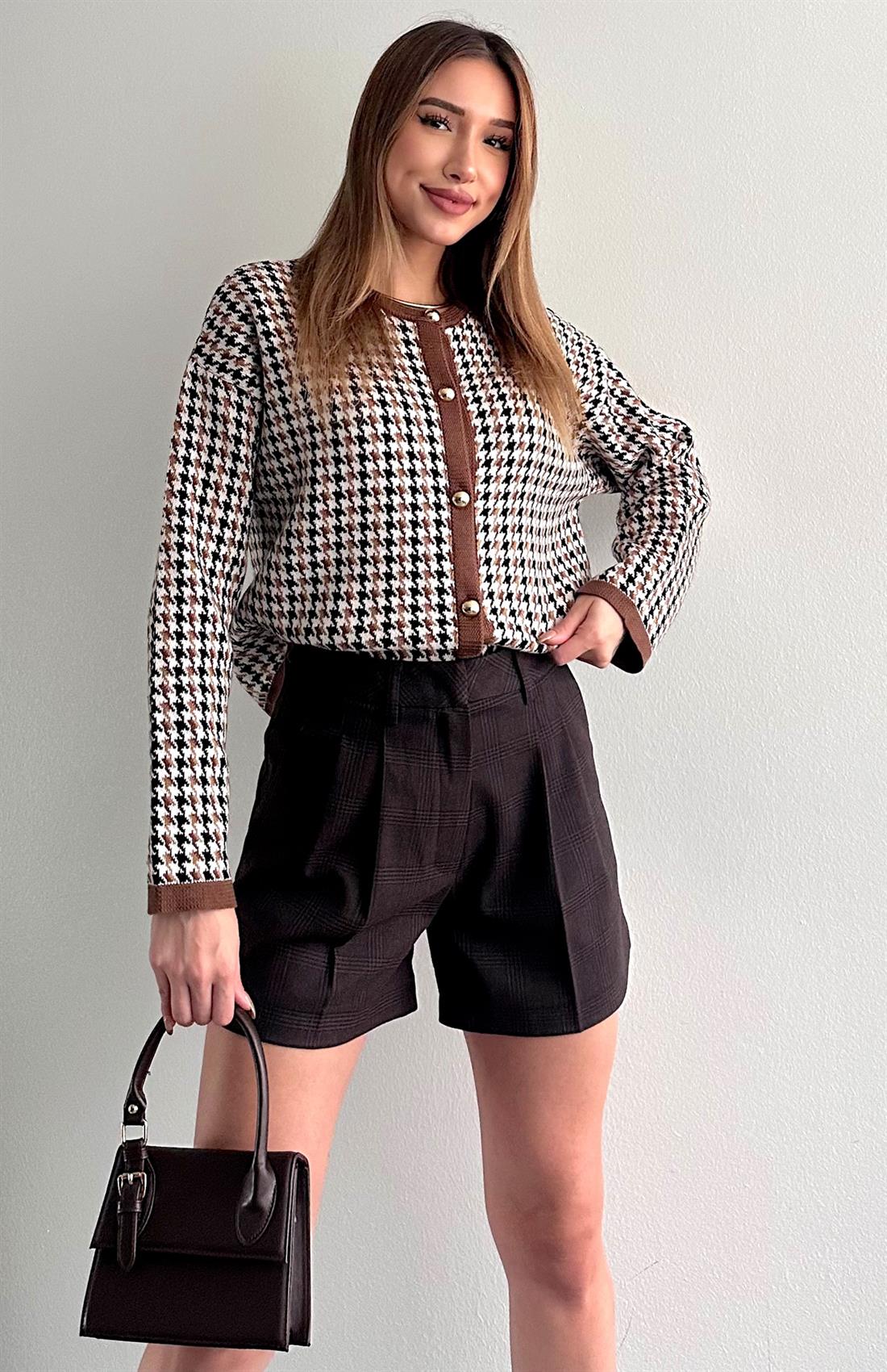 5 Düğmeli Renkli Hırka Kahve-Ekru