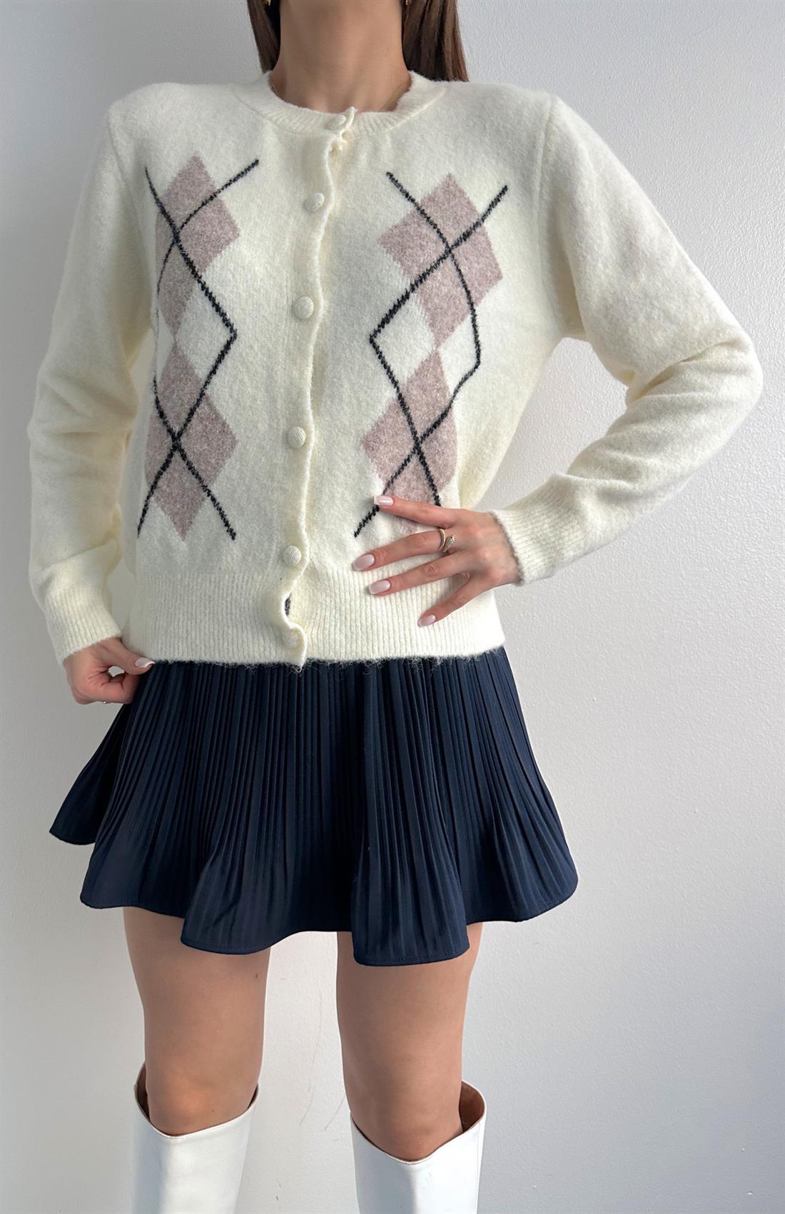 Baklava Desen Hırka EKRU