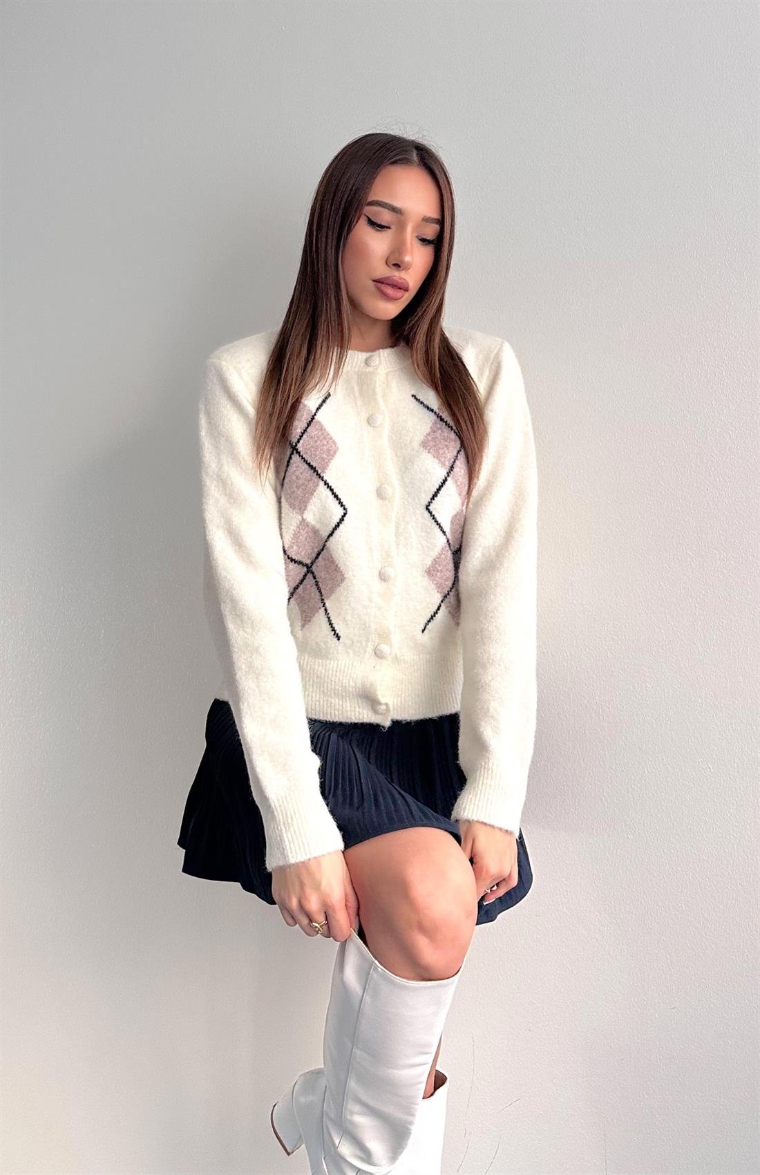 Baklava Desen Hırka EKRU