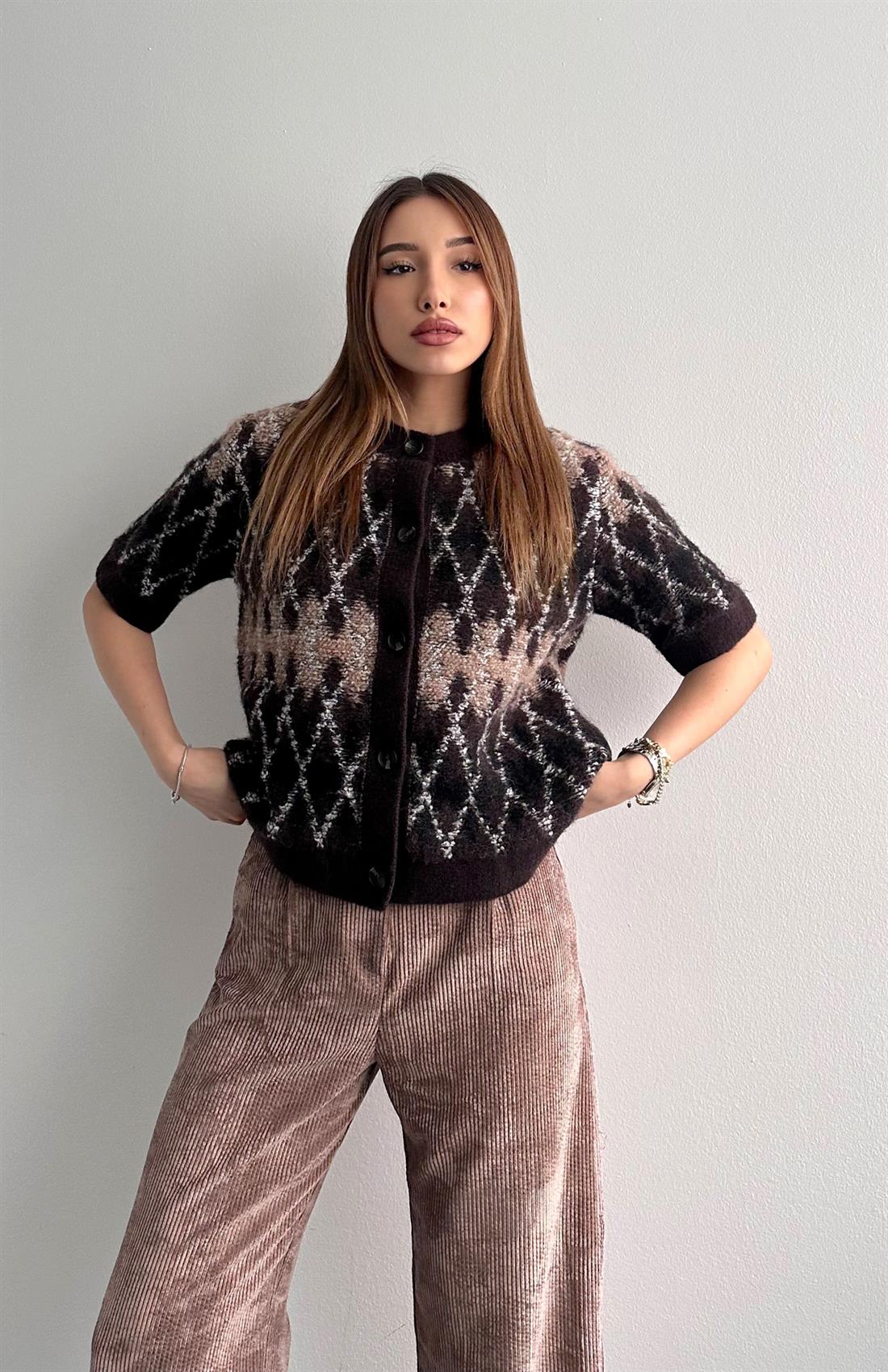 Baklava Dokulu Düğmeli Hırka A.KAHVE