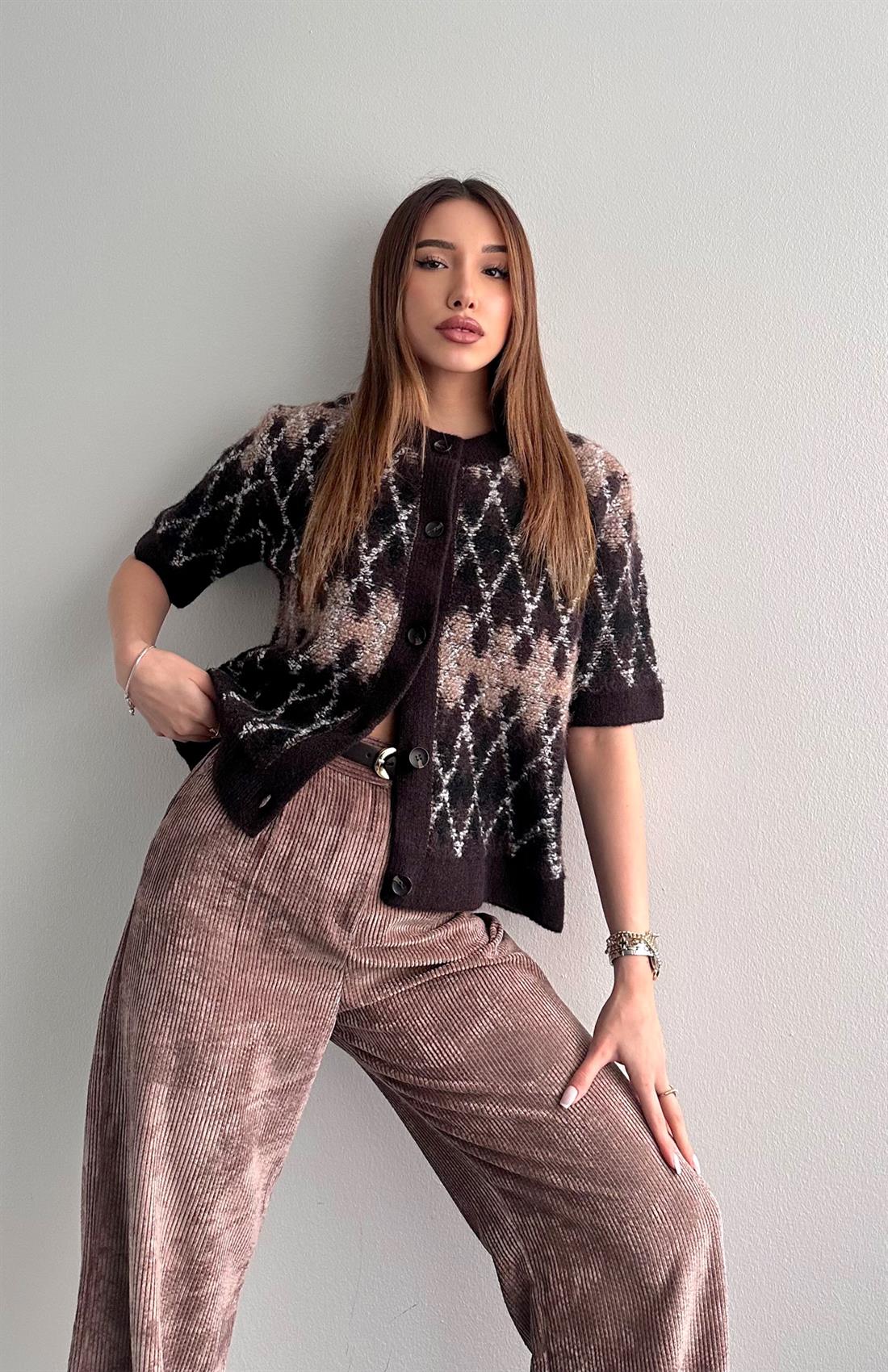 Baklava Dokulu Düğmeli Hırka A.KAHVE