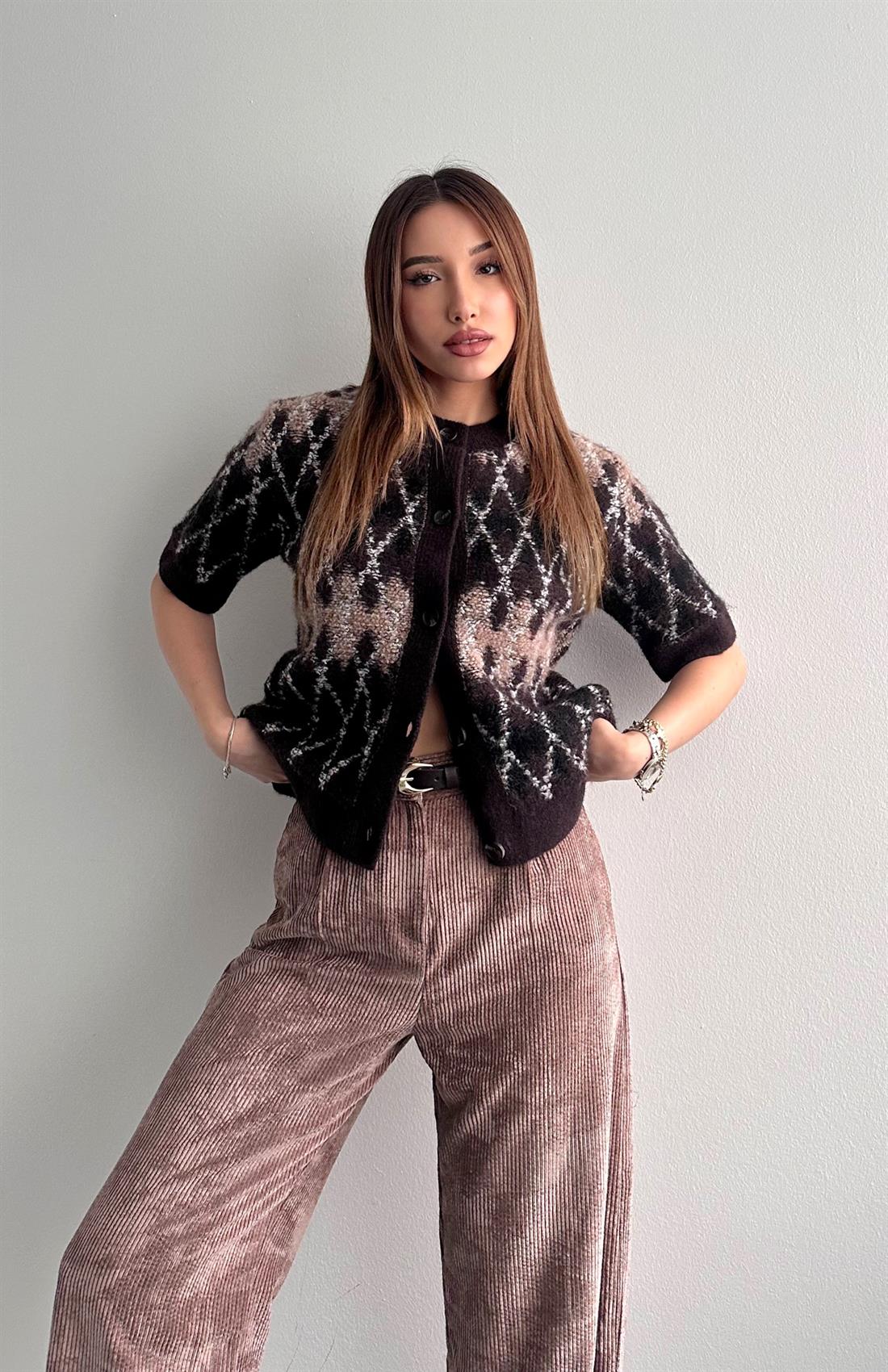 Baklava Dokulu Düğmeli Hırka A.KAHVE