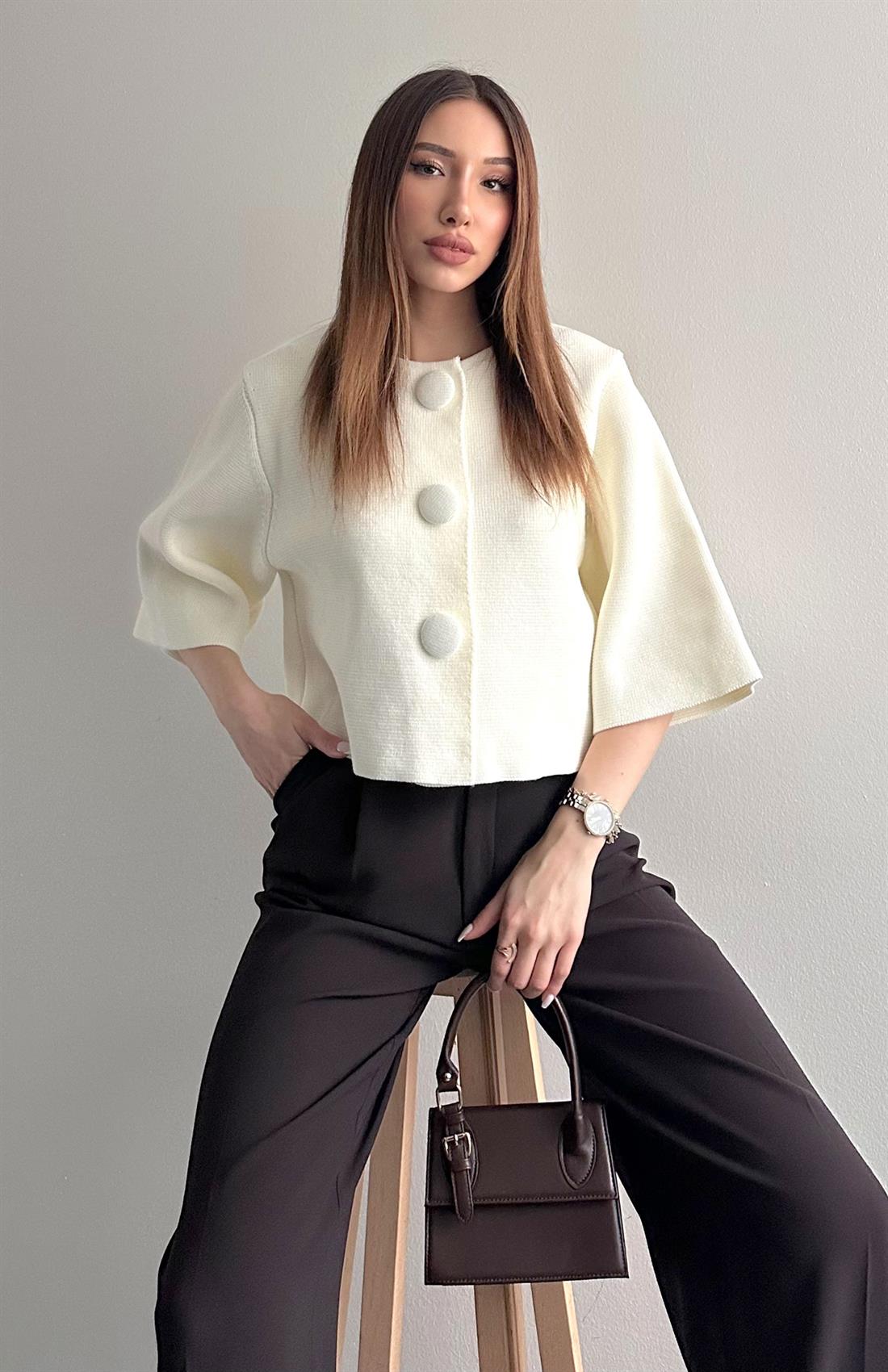 Bisiklet Yaka Çıtçıt Düğmeli Hırka EKRU