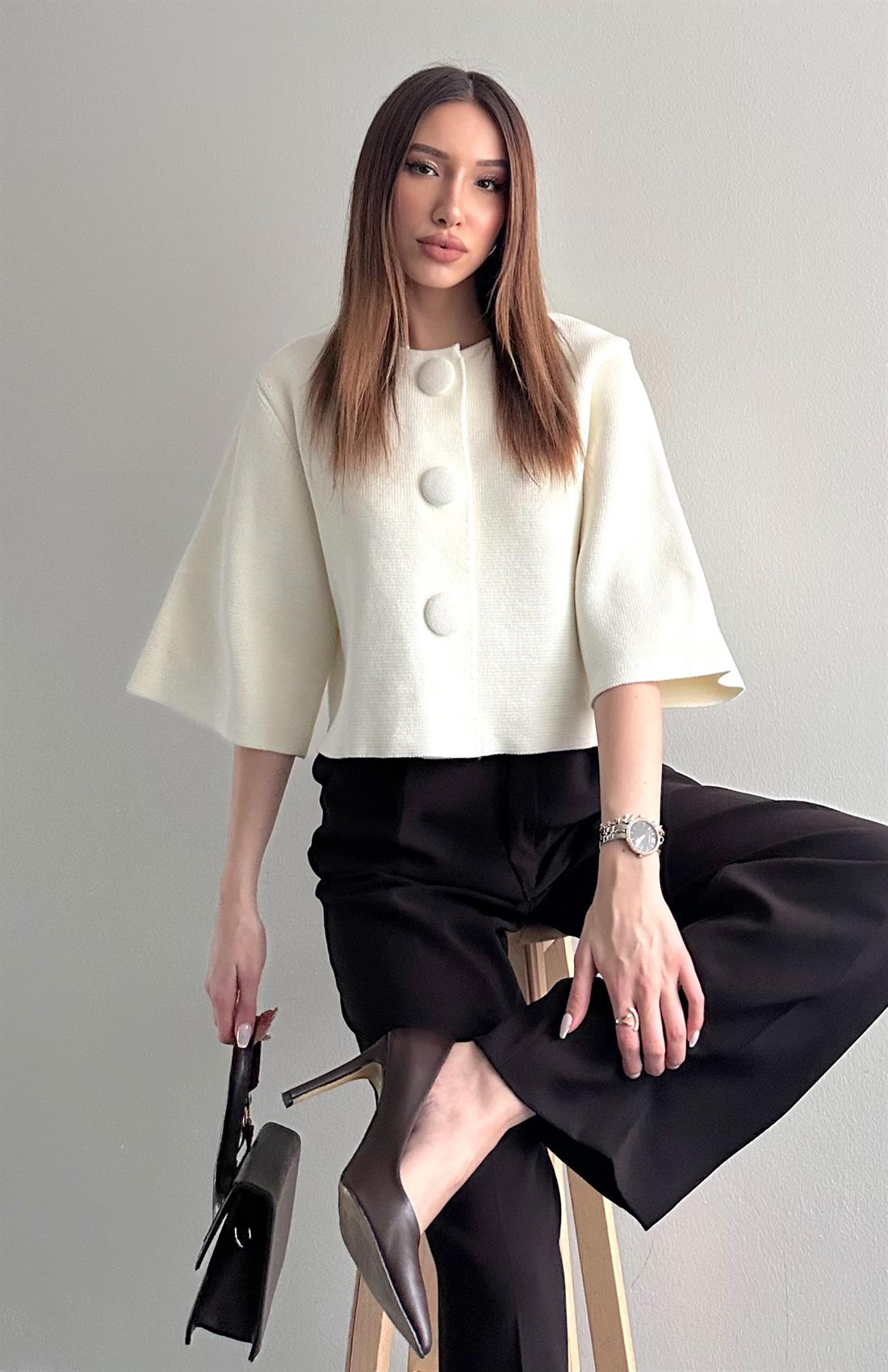 Bisiklet Yaka Çıtçıt Düğmeli Hırka EKRU