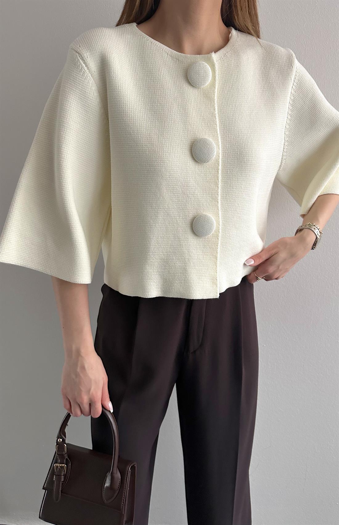 Bisiklet Yaka Çıtçıt Düğmeli Hırka EKRU