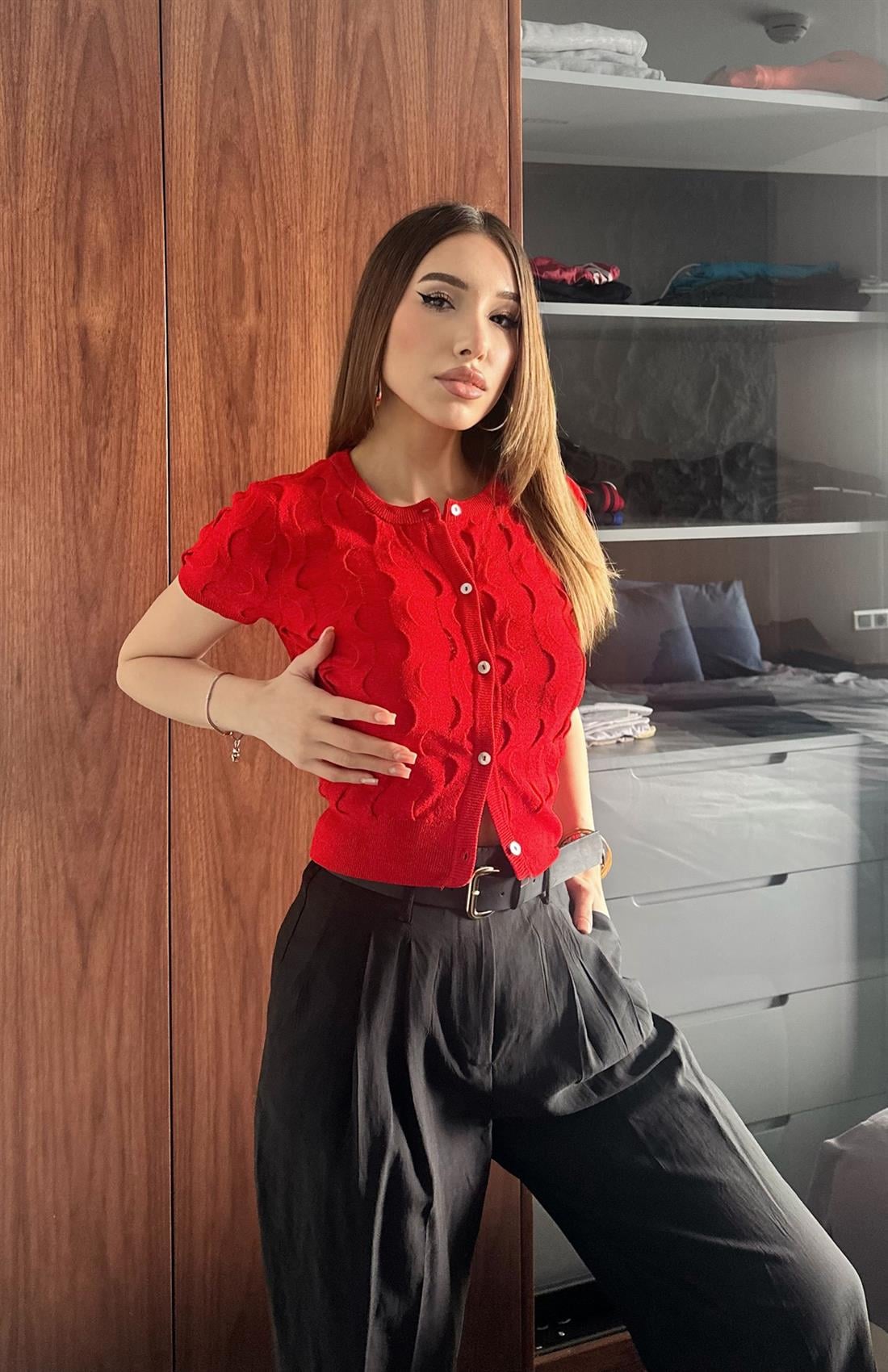 Bisiklet Yaka Dokulu Triko Hırka KIRMIZI