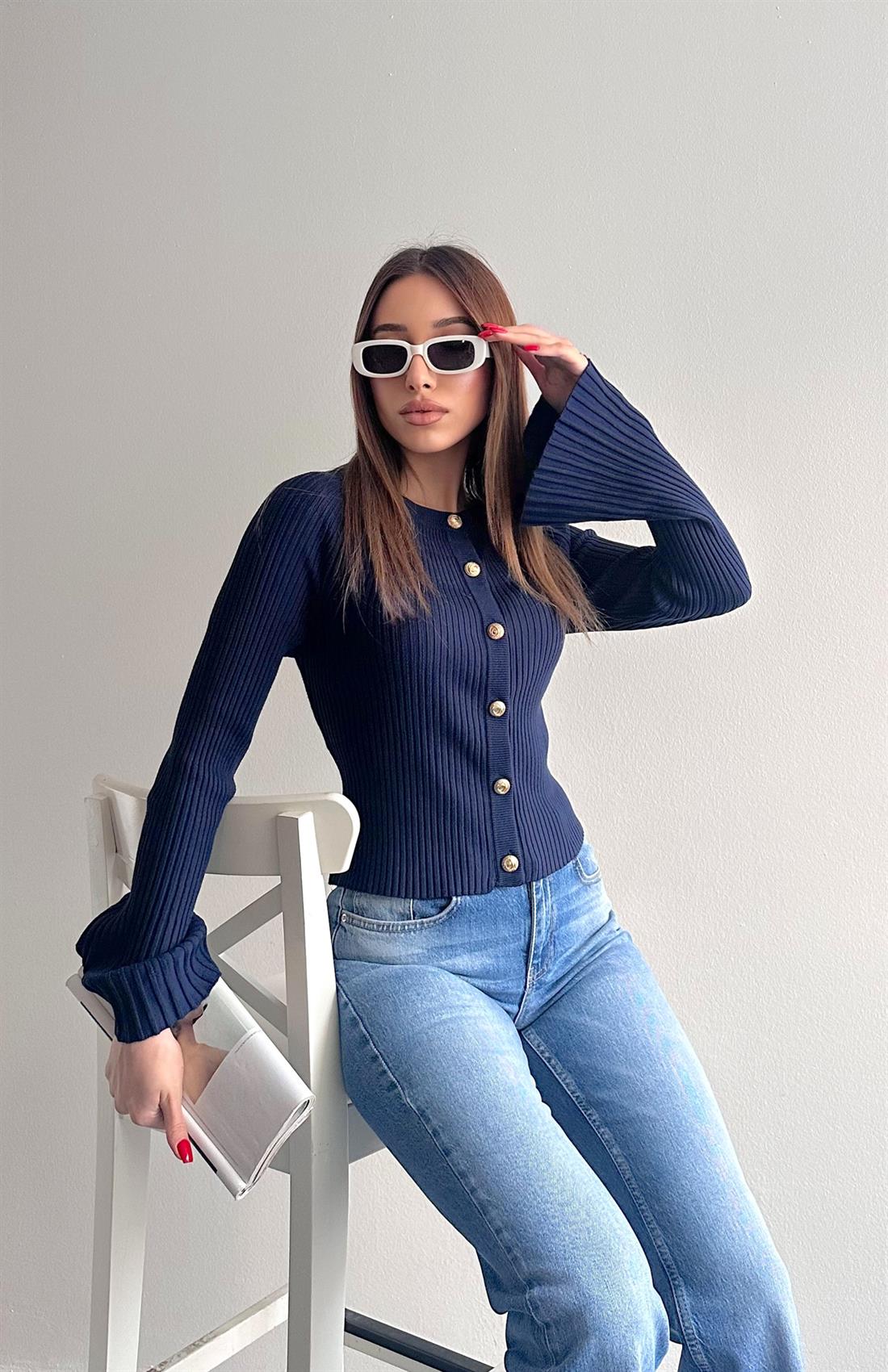 Bisiklet Yaka Düğmeli İspanyol Kol Hırka LACİVERT