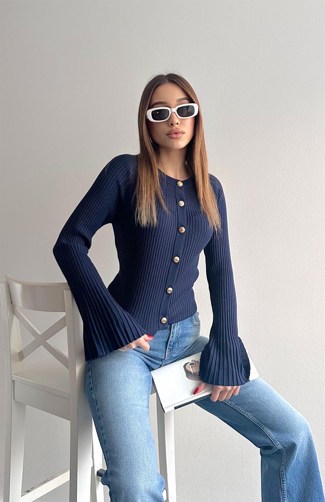 Bisiklet Yaka Düğmeli İspanyol Kol Hırka LACİVERT