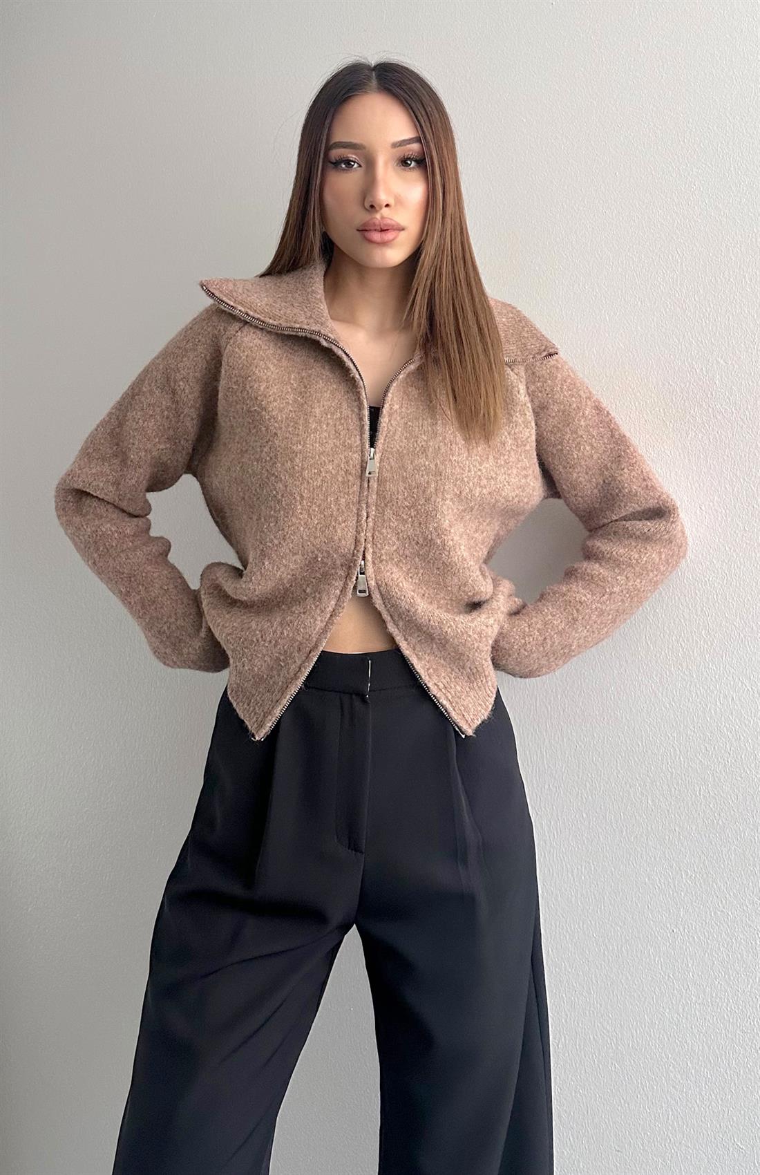 Çift Fermuarlı Lena Hırka CAMEL