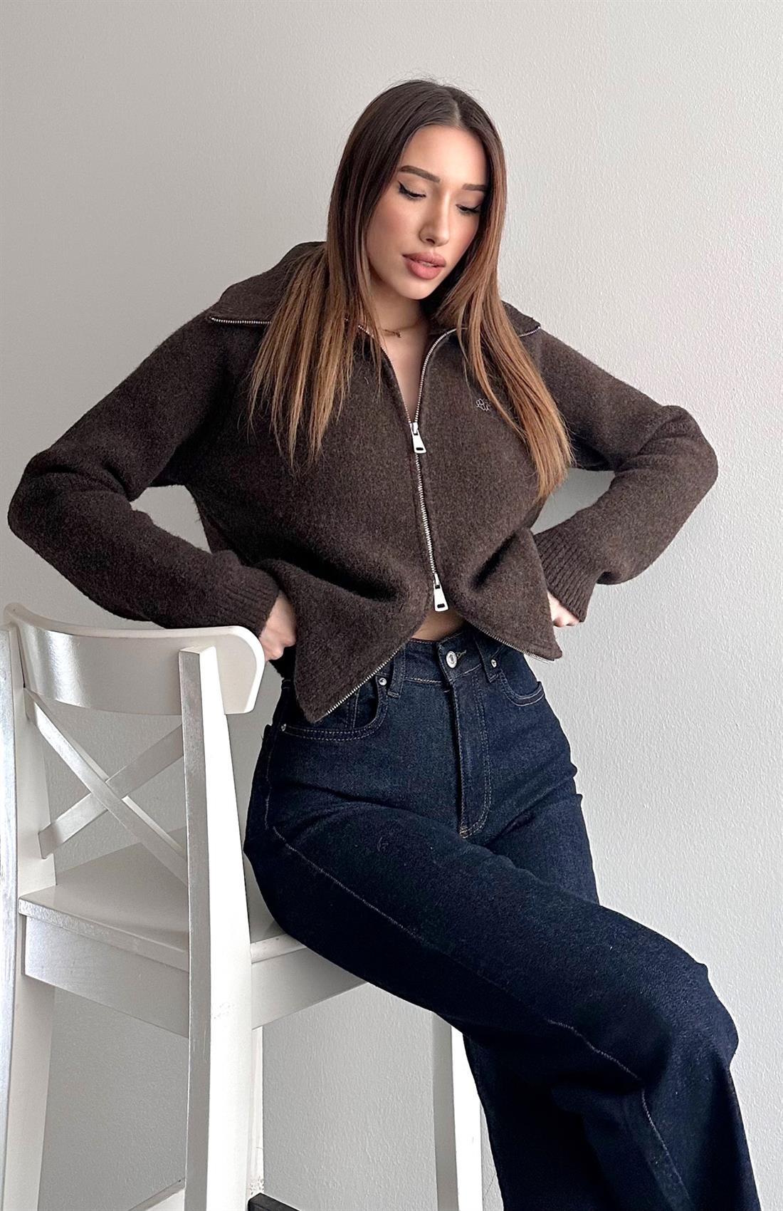 Çift Fermuarlı Lena Hırka KAHVERENGİ