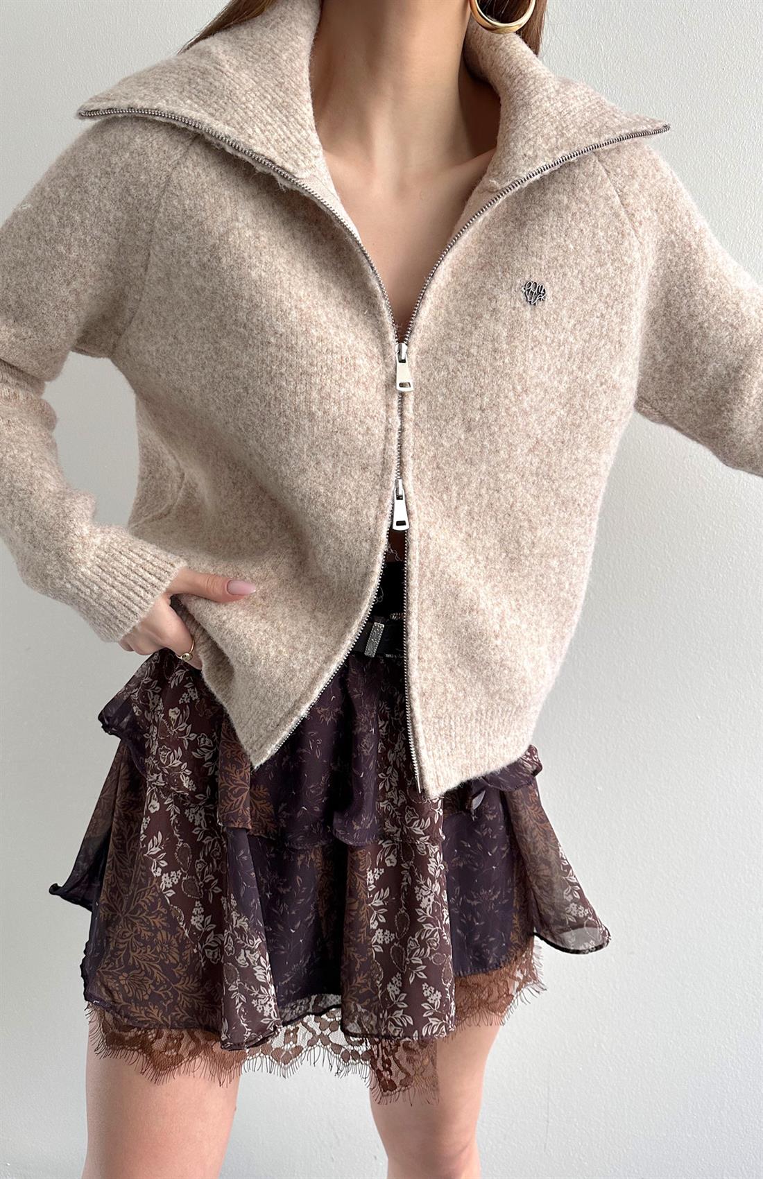 Çift Fermuarlı Lena Hırka VİZON