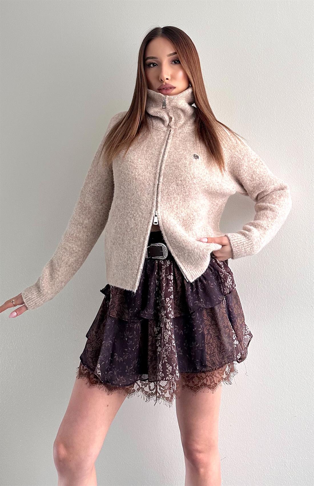 Çift Fermuarlı Lena Hırka VİZON