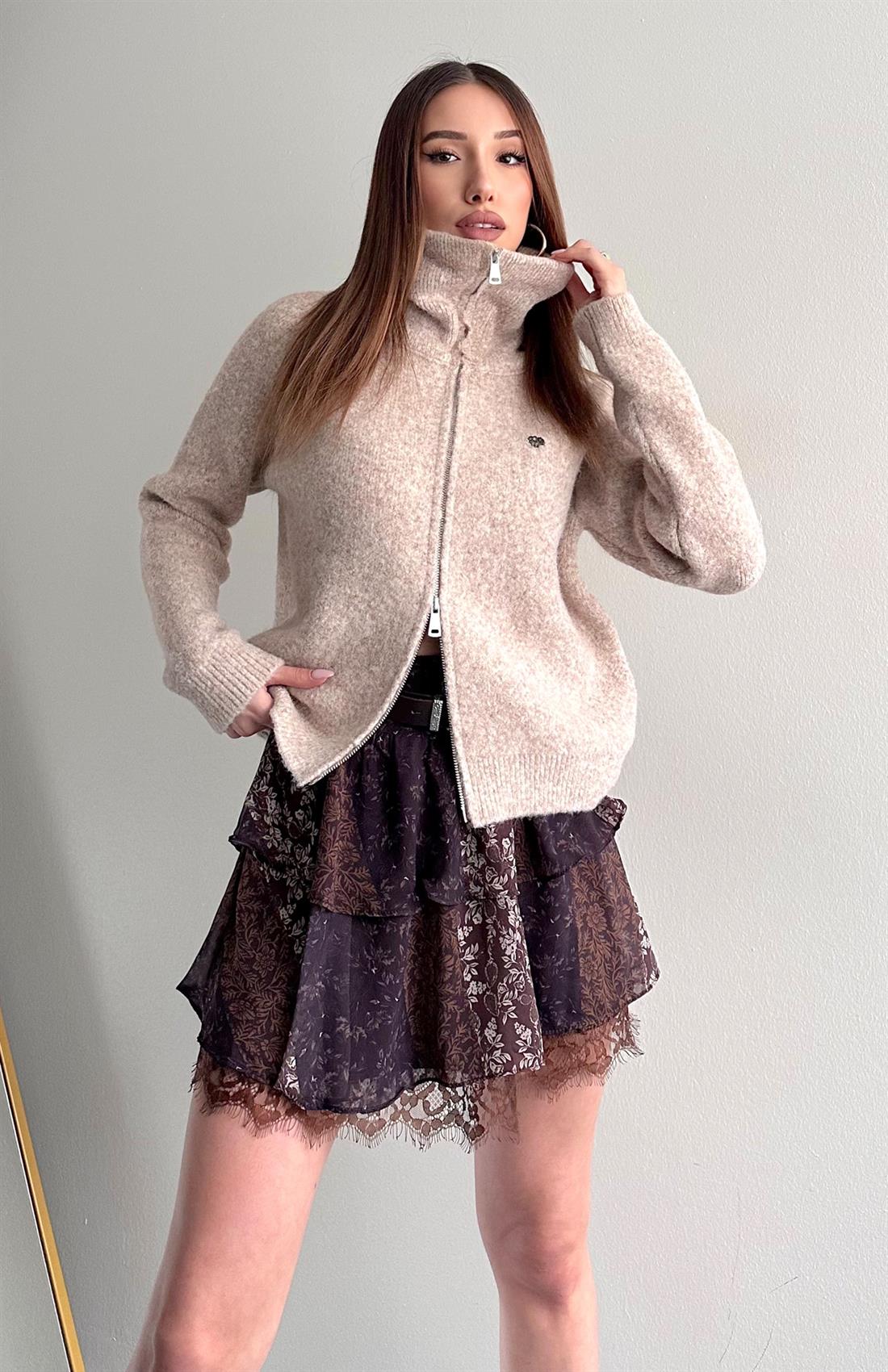 Çift Fermuarlı Lena Hırka VİZON