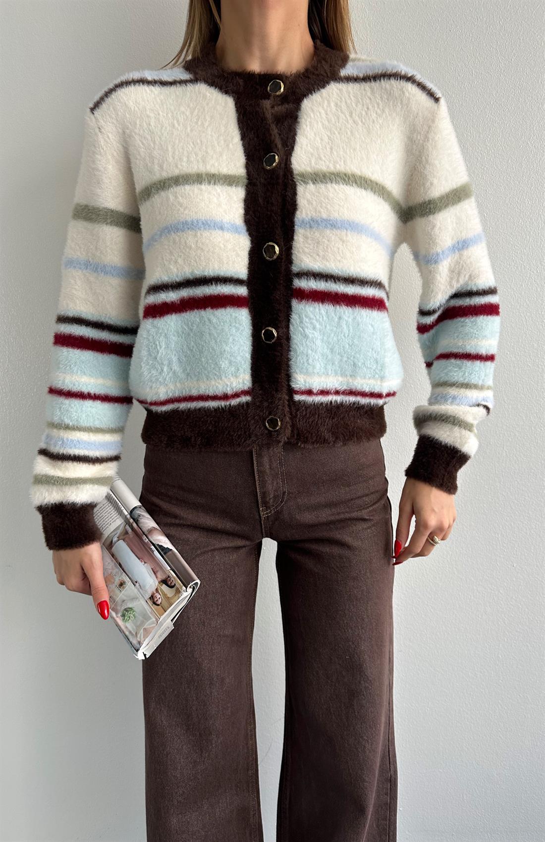 Çizgili Peluş Felicita Hırka EKRU