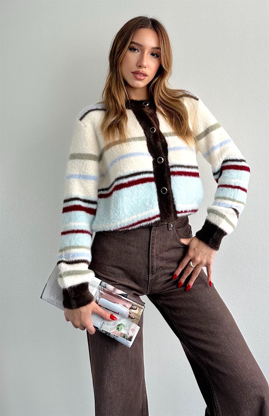 Çizgili Peluş Felicita Hırka EKRU