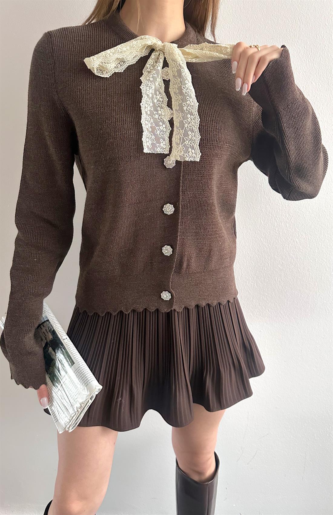 Dantel Fuarlı Hırka KAHVERENGİ