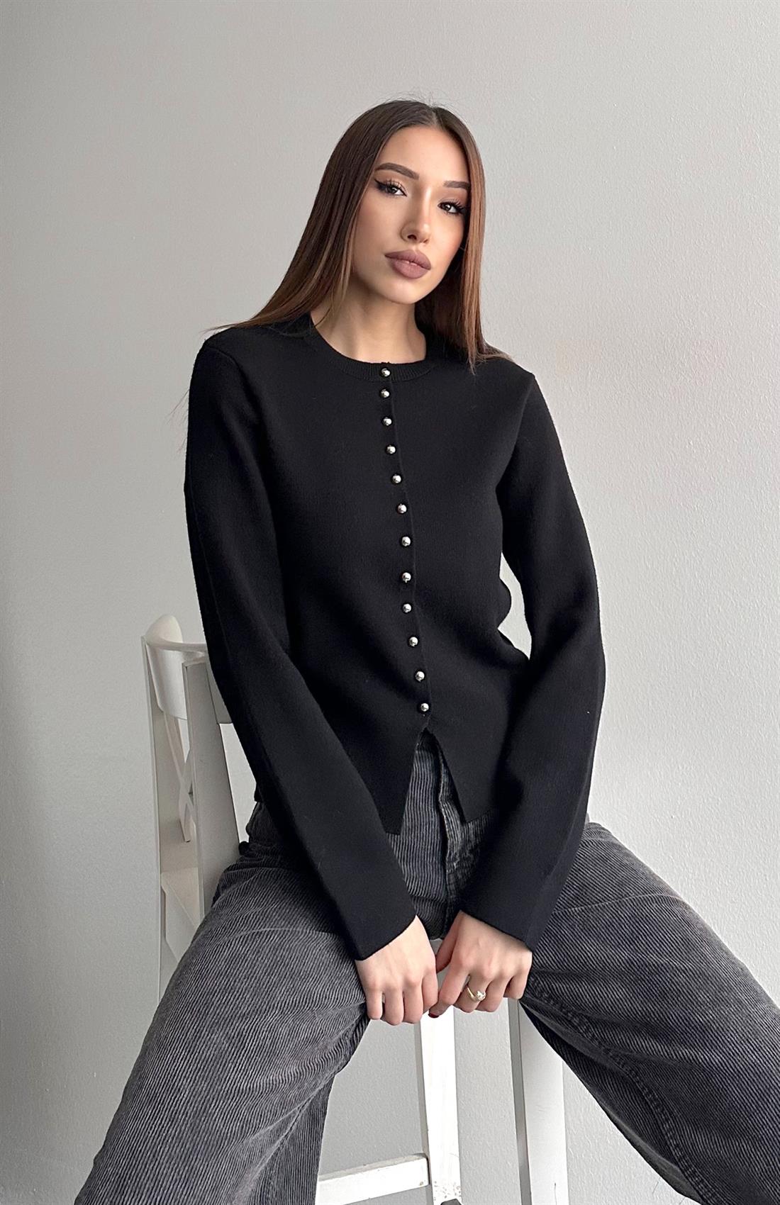 Düğmeli Triko Hırka SİYAH