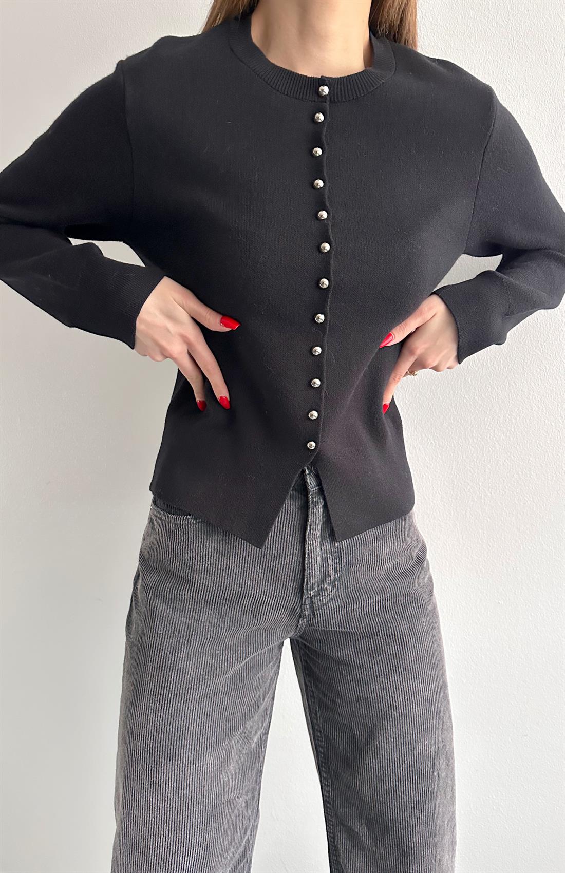 Düğmeli Triko Hırka SİYAH