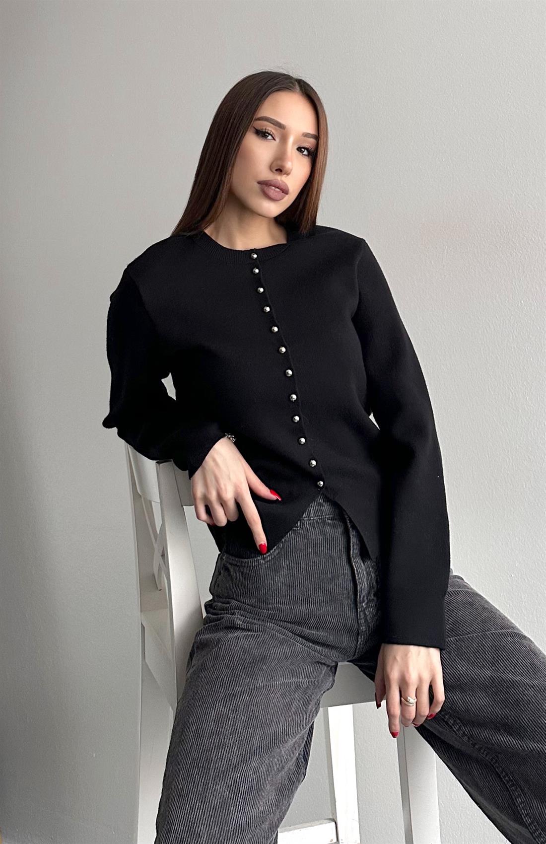 Düğmeli Triko Hırka SİYAH