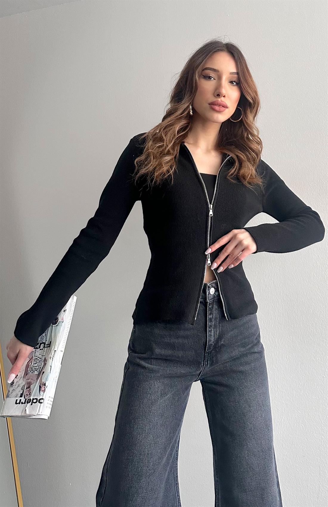 Fermuarlı Slim Kalıp Hırka SİYAH