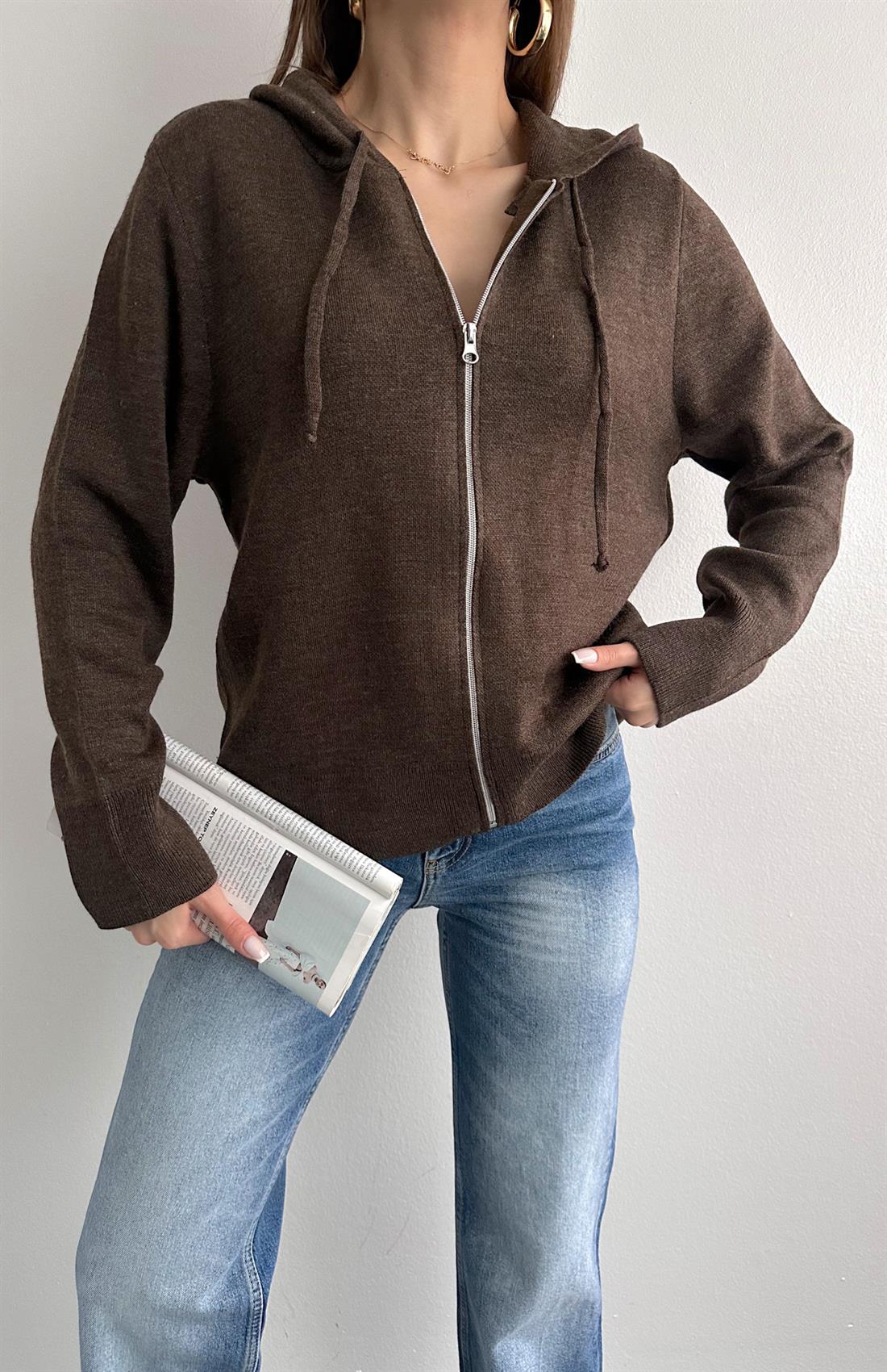 Fermuarlı Triko Hırka KAHVERENGİ